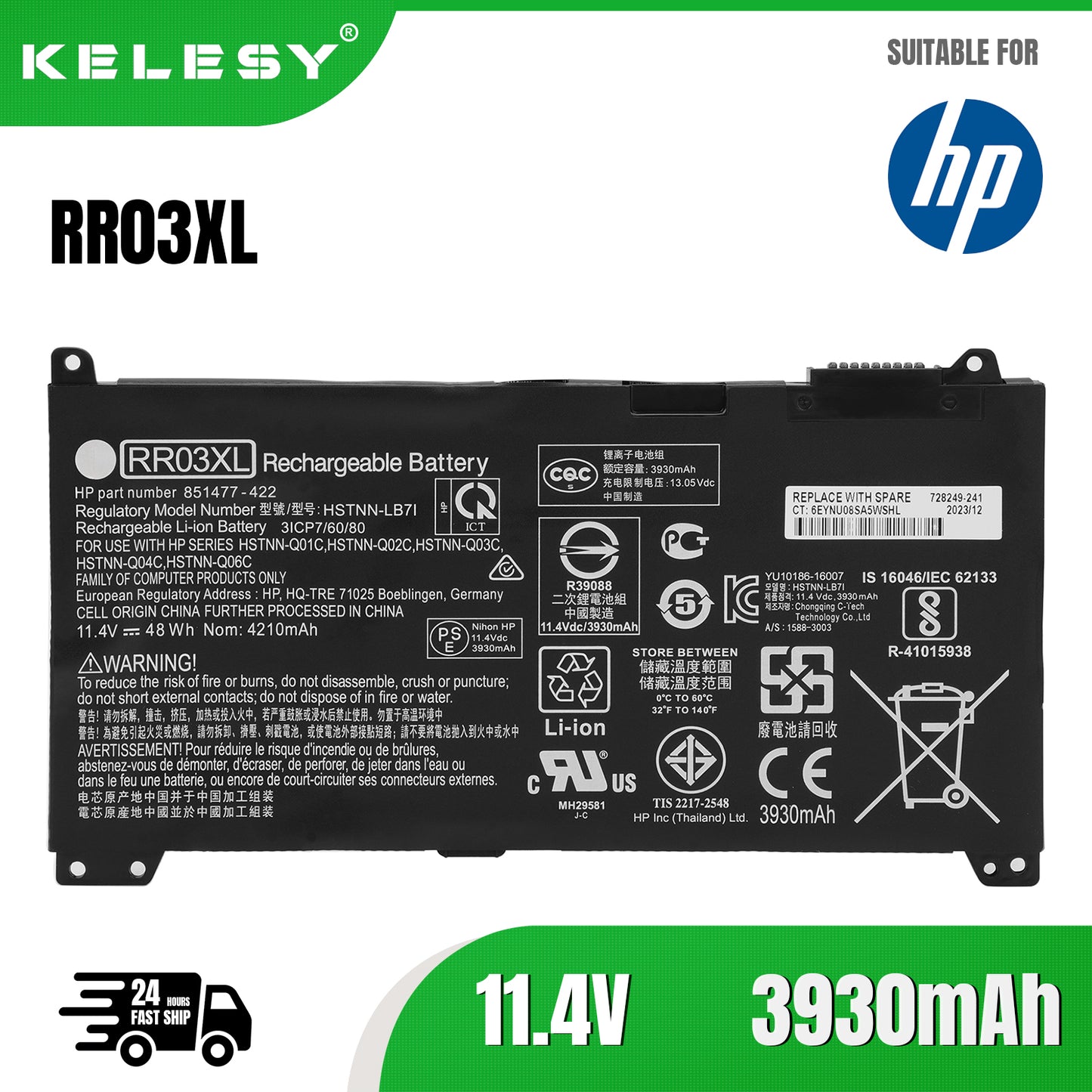 KELESY New RR03XL Laptop Battery For HP ProBook 430 440 450 455 470 G4 G5 HSTNN-PB6W HSTNN-UB7C HSTNN-LB71