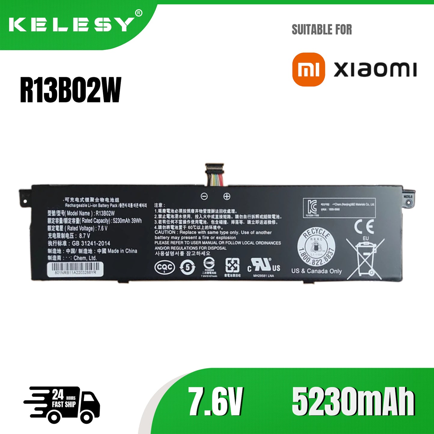 KELESY NEW 39WH 5230mAh R13B01W R13B02W Battery For Xiaomi Mi Air 13.3 inch Series Laptop Batteries Fast Shipping In Stock