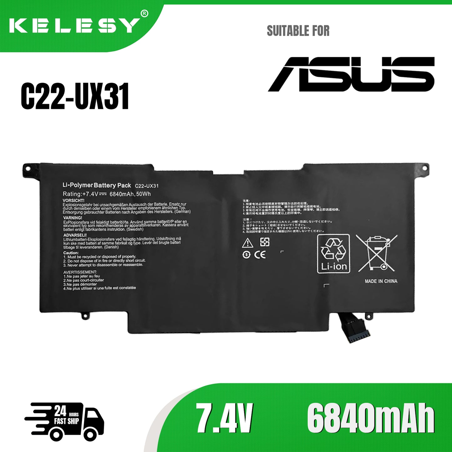 KELESY New C22-UX31 Laptop Battery for ASUS Zenbook UX31 UX31A UX31E UX31E-DH72 C22-UX31 C23-UX31 7.4V 50WH/6840mAh