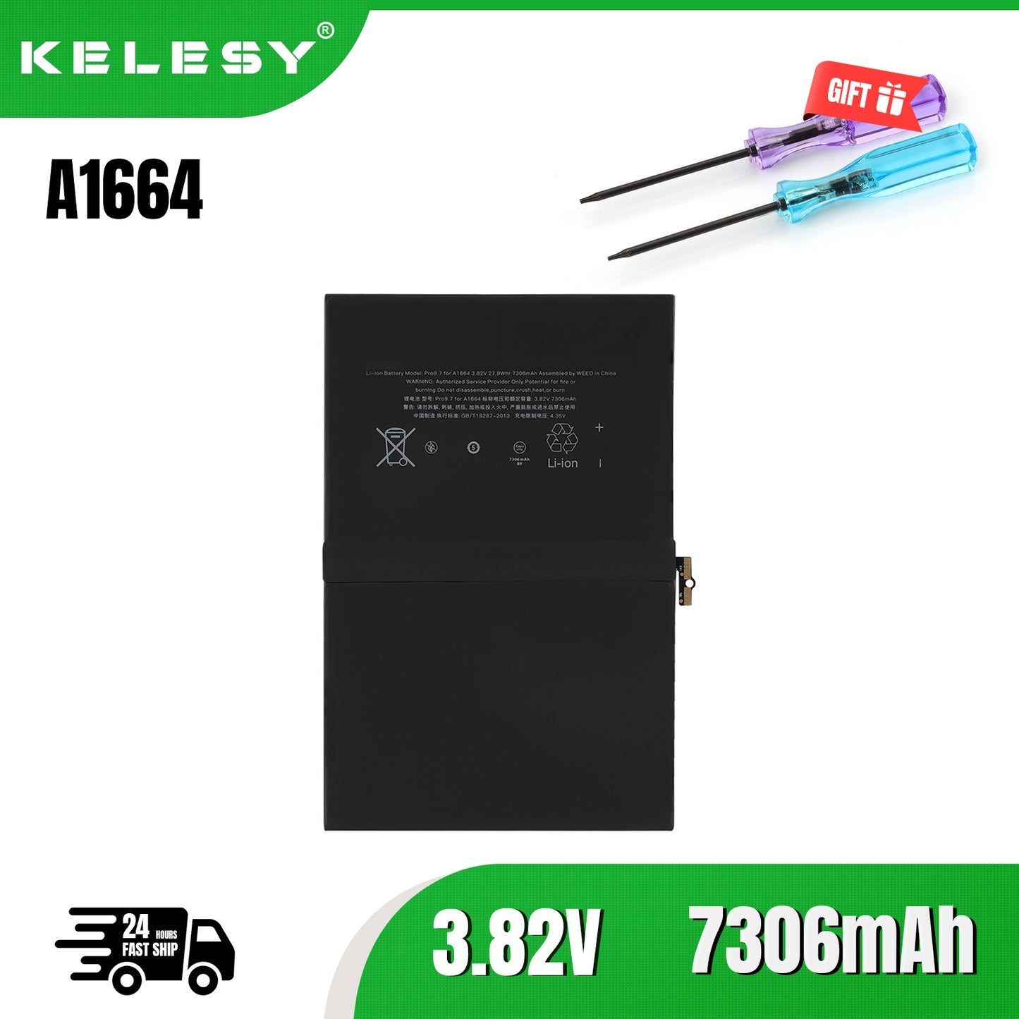 Аккумулятор для планшета KELESY A1664 для Apple iPad 7 Pro 9,7 дюйма A1673 A1674 A1675 3,82 В 27,9 Вт·ч 7306 мА·ч Бесплатные инструменты