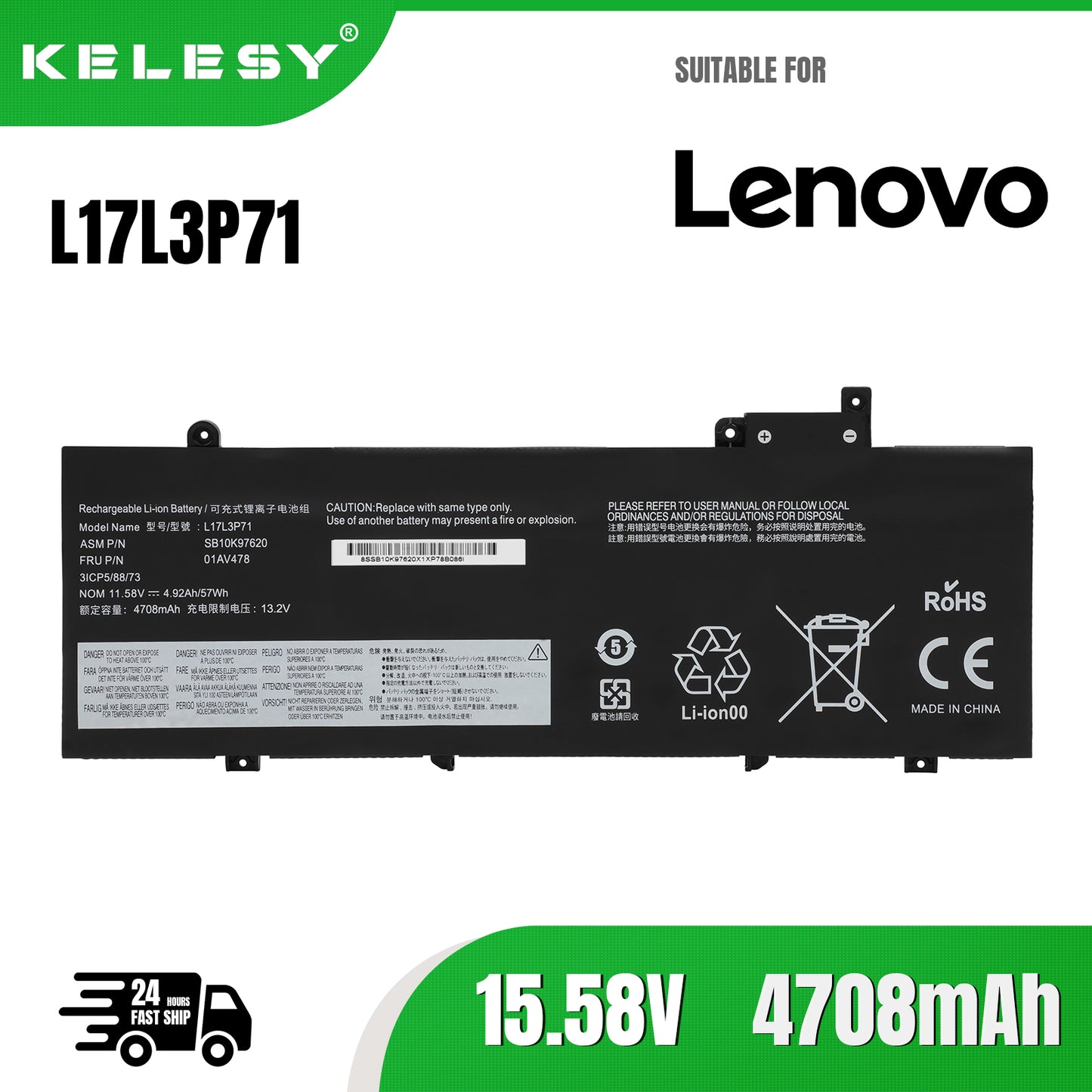 KELESY New Original L17L3P71 Laptop Battery For Lenovo ThinkPad T480S L17M3P71 L17M3P72 01AV478 01AV479 01AV480 SB10K97620