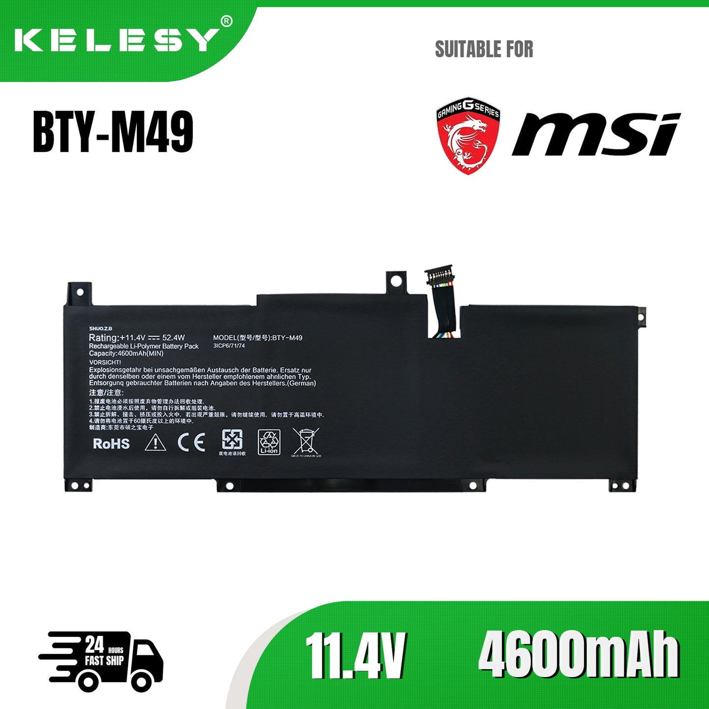 KELESY BTY-M49 11.4V 52.4WH Laptop Battery for Msi Prestige 14 A10M A10SC A10RAS A11SCX A11SC