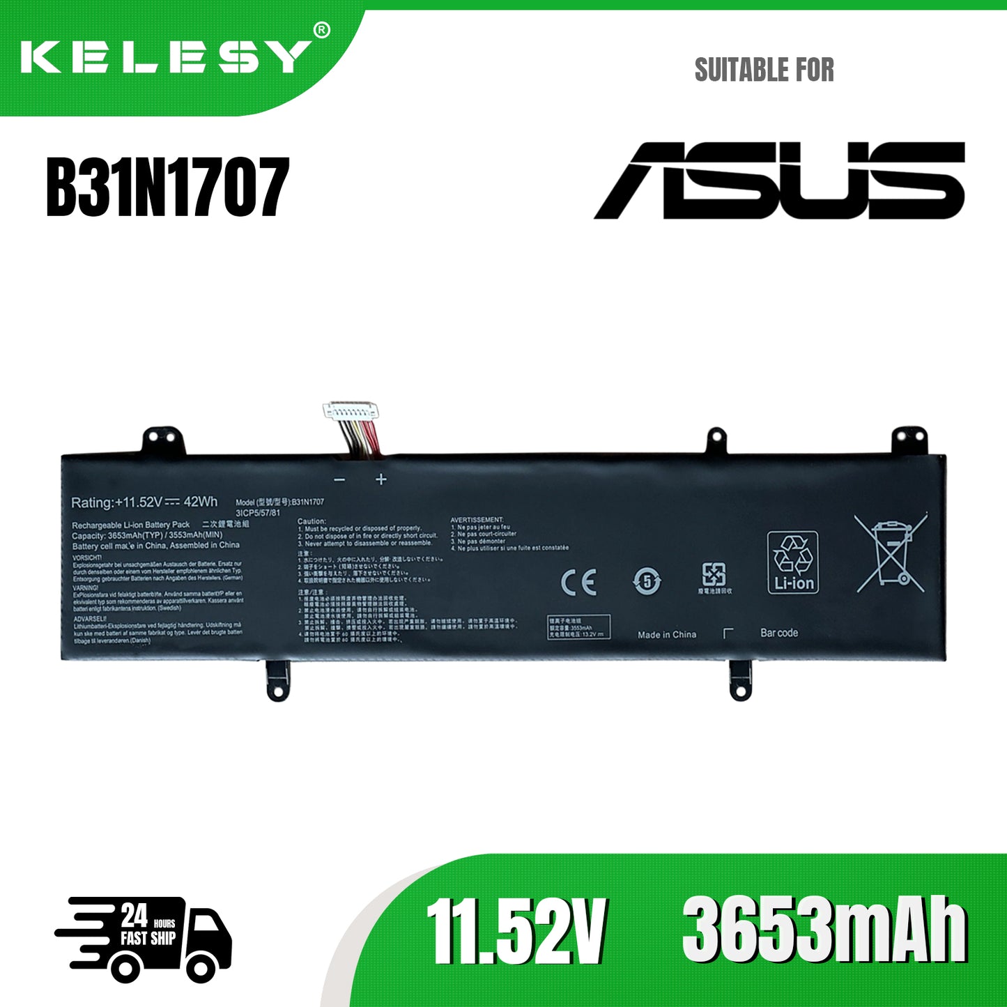 KELESY Batería para portátil ASUS Vivobook X411UA, X411UF, X411UN, X411UQ, S14, S410UA, S410UN, 11,52 V, 42WH, B31N1707
