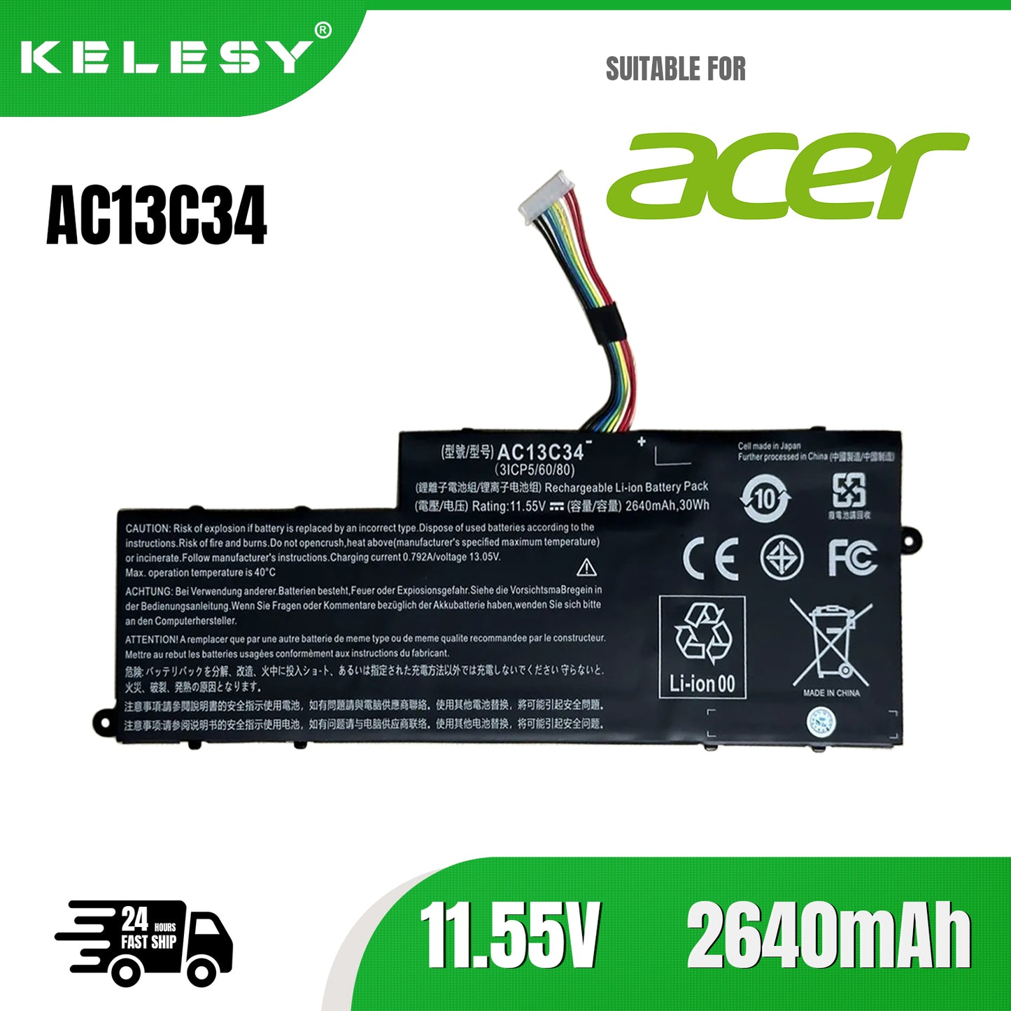 KELESY AC13C34 Laptop Battery For Acer Aspire V5-122P V5-132 E3-111 E3-112 ES1-111M MS237 KT.00303.005 11.4V 2640mAh/30WH
