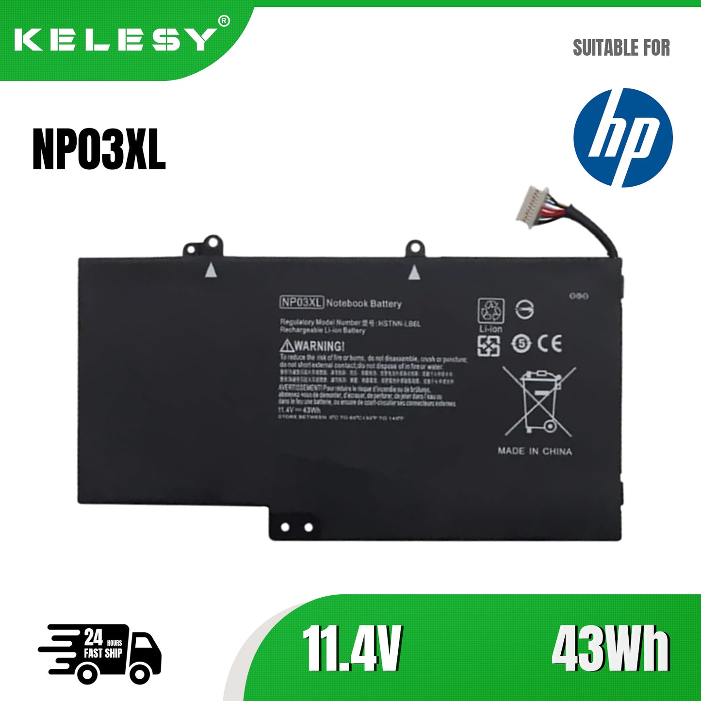 Аккумулятор для ноутбука KELESY NP03XL для HP Pavilion X360 13-A010DX TPN-Q146 TPN-Q147 TPN-Q148 HSTNN-LB6L 760944-421 15-U010DX 43 Вт·ч 11,4 В