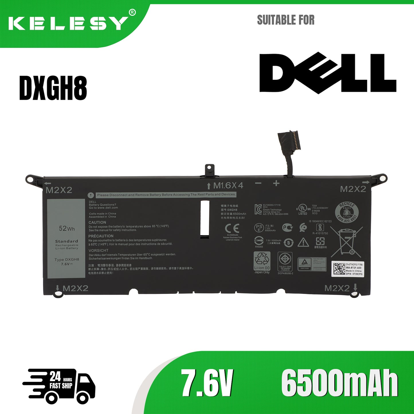 KELESY DXGH8 Battery for Dell XPS 13 9370 9380 2019 Inspiron 13 7390 7391 2-in-1 5390 5391 7490 Latitude 3301 E3301 Vostro 5390