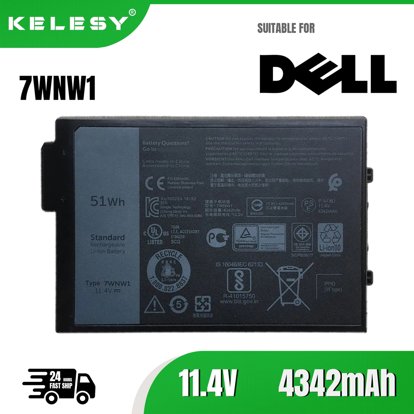 KELESY 7WNW1 DMF8C Laptop Battery For Dell Latitude 7424 5420 5424 5420 RUGGED P85G001 P86G001 GK3D3 11.4v/51Wh