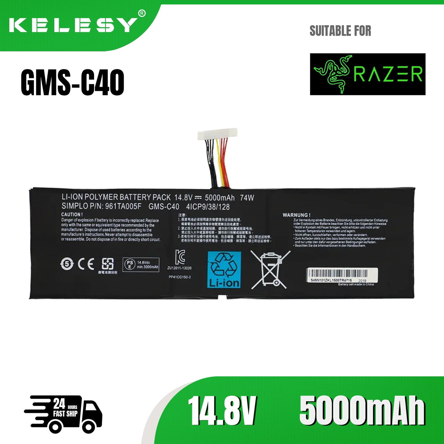 KELESY GMS-C40-batería Original para ordenador portátil Razer Blade Pro, 14,8, 2013, RZ09-009911010, 961TA005F, 2015 V, 74Wh
