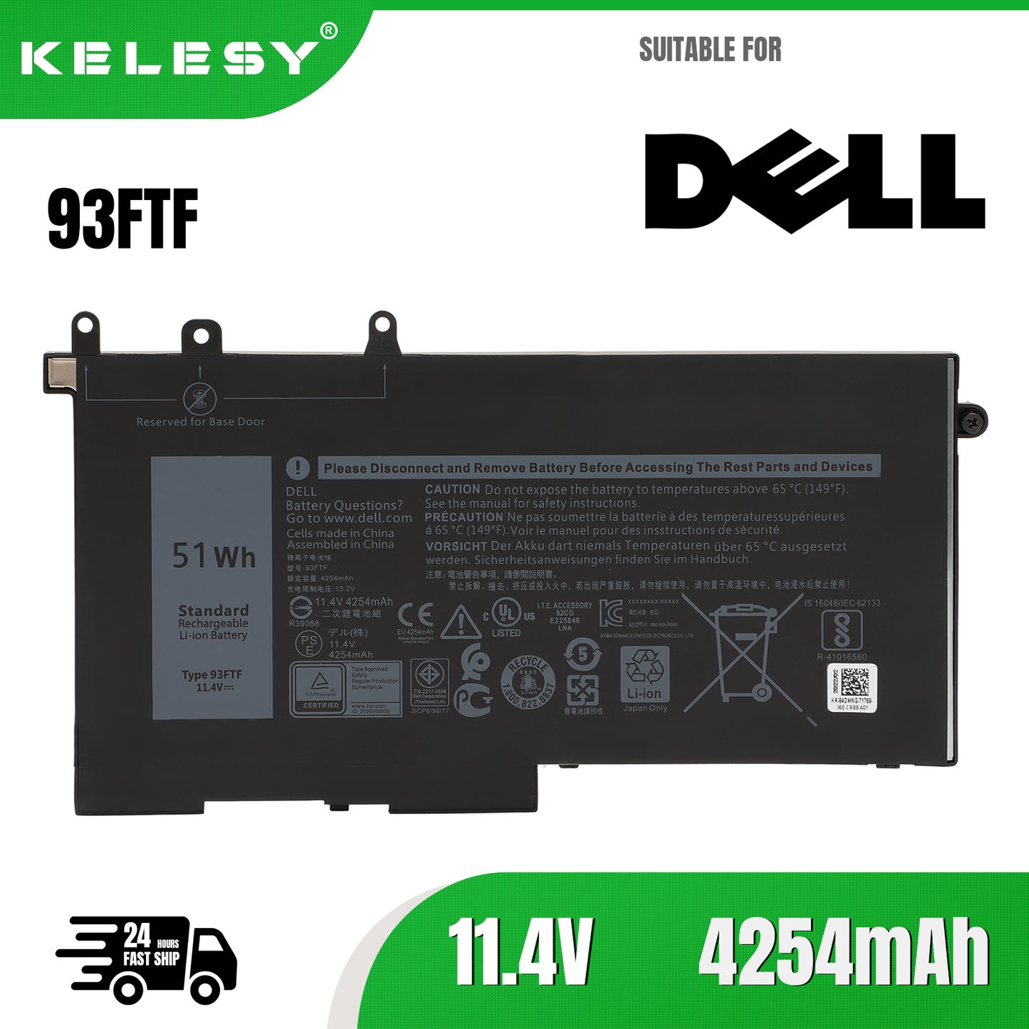 KELESY 3DDDG 93FTF Laptop Battery For Dell Latitude 5280 5288 5480 5490 5590 5491 5591 5495 M3520 M3530 E5280 E5480 11.4V 42Wh