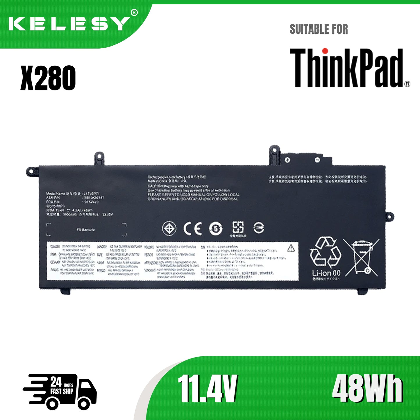 KELESY batería L17L6P71 para Lenovo ThinkPad X280, L17M6P71, L17C6P71, 01AV470, 01AV471, 01AV472, SB10K97617, 11,4 V, 48WH