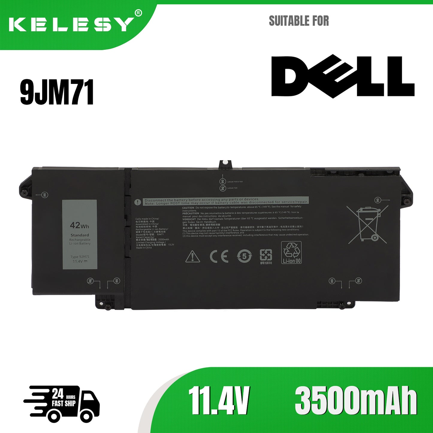 KELESY 9JM71 11.4V 42WH Laptop battery For Dell Latitude 5320 7320 7420 7520 HDGJ8 MHR4G 7FMXV TN2GY 4M1JN 1PP63