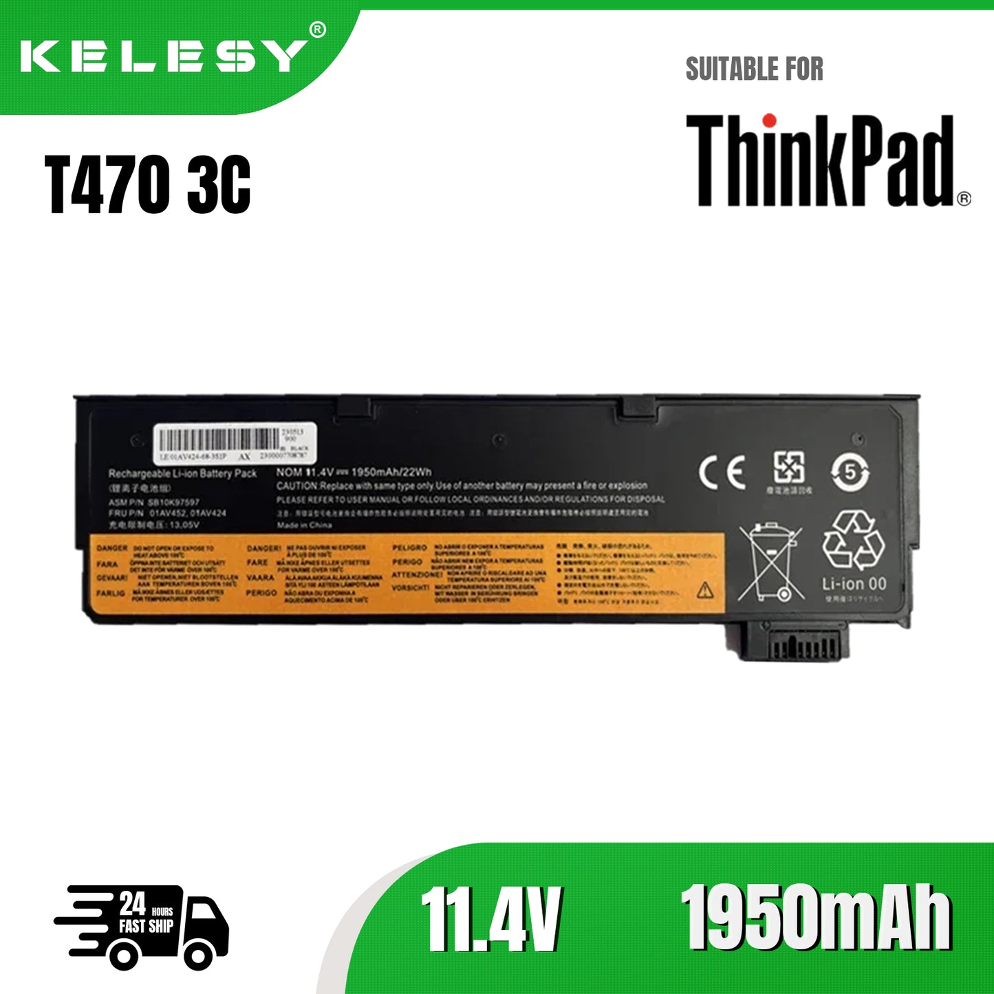 KELESY Nueva batería de ordenador portátil Oem 61 para Lenovo ThinkPad T570 T470 T480 T580 P51S P52S01AV423 01AV424 01AV425
