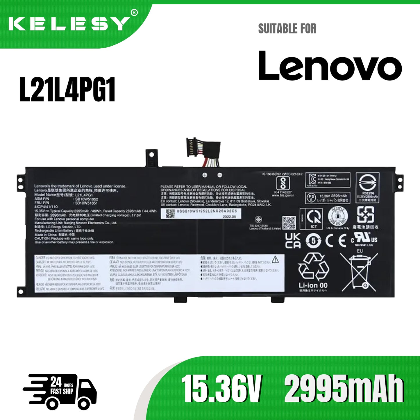 Аккумулятор для ноутбука KELESY L21L4PG1 для Lenovo 5B10W51849 5B10W51850 5B10W51851 L21C4PG1 L21D4PG1 L21M4PG1 15,36 В 2995 мАч