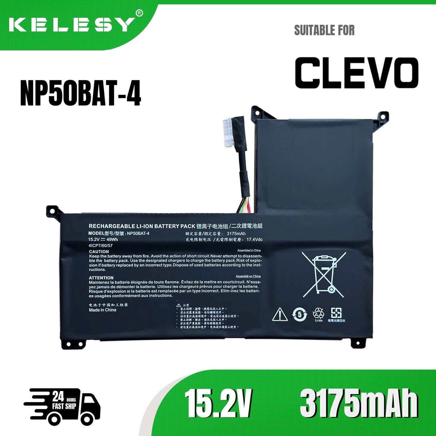 KELESY Genuine 15.2V 49Wh 3175mAh Laptop Battery Clevo NP50BAT-4 Li-Polymer Battery 4ICP7/60/57