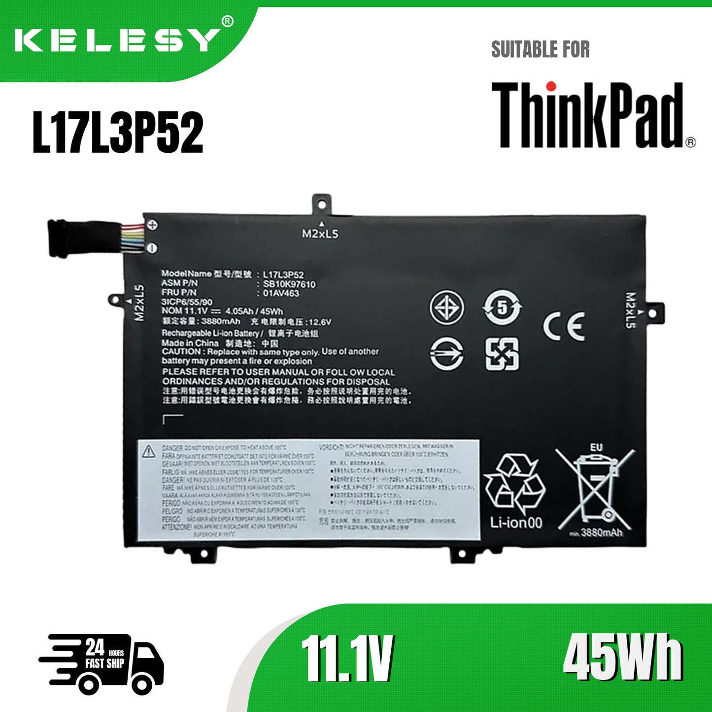 KELESY L17L3P52 para Lenovo ThinkPad L480 L490 L580 L590 L14 L15 batería del ordenador portátil de la serie 01AV464 L17M3P54