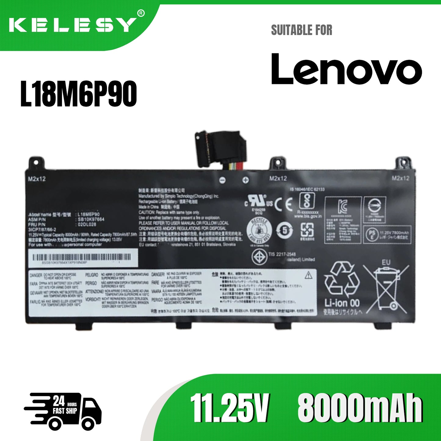 KELESY L18M6P90 Laptop Battery For Lenovo ThinkPad P53 Series Notebook L18C6P90 02DL028 5B10W13901 SB10K97664 11.25V 8000mAh