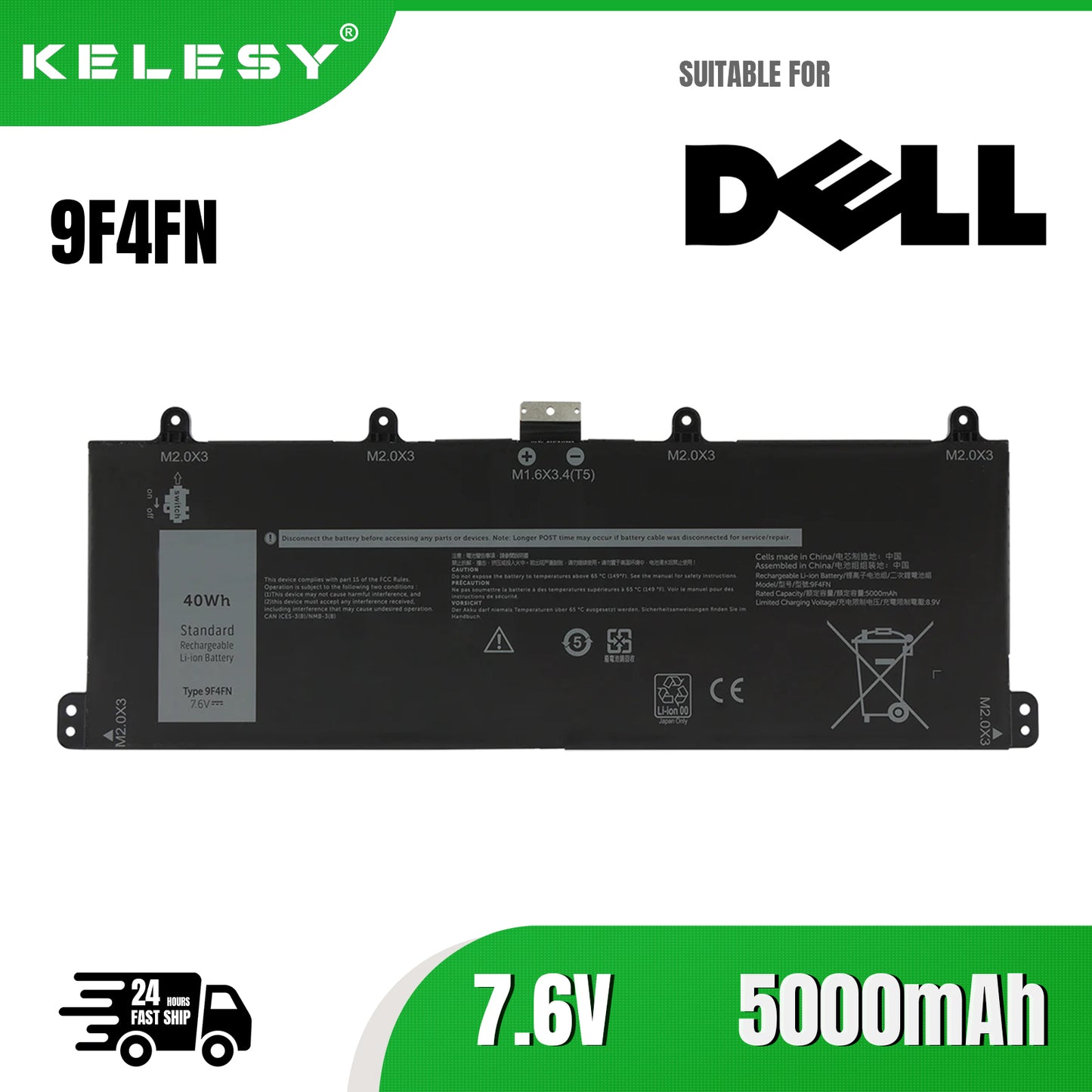 KELESY 9F4FN Battery For DELL Latitude 7320 Detachable For DELL Inspiron 14 3420 Series 2VKW9 2ICP4/79/112 7.6V 40WH/5000mAh
