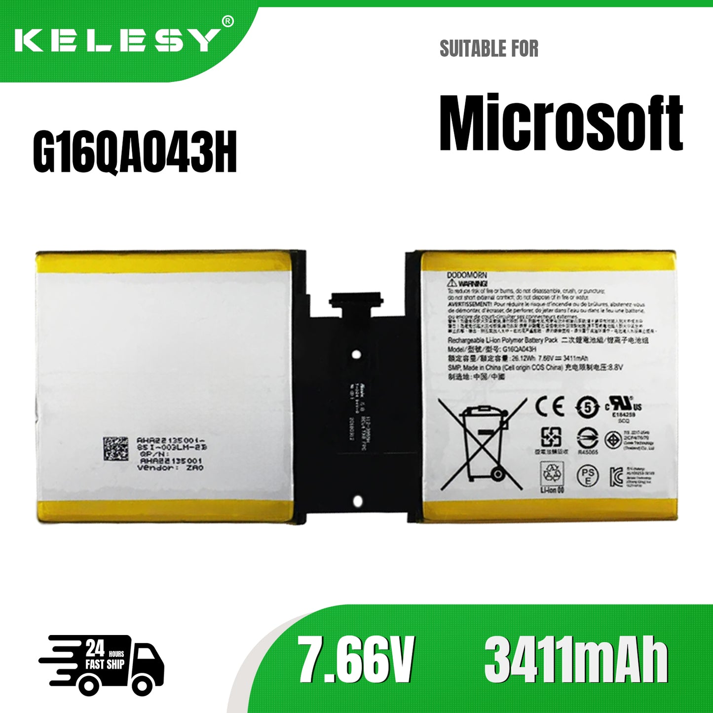 KELESY New G16QA043H 2ICP4/76/76 Laptop Battery For Microsoft Surface Go 1824 4415Y Tablet PC 26.12Wh 3411mAh 7.66V