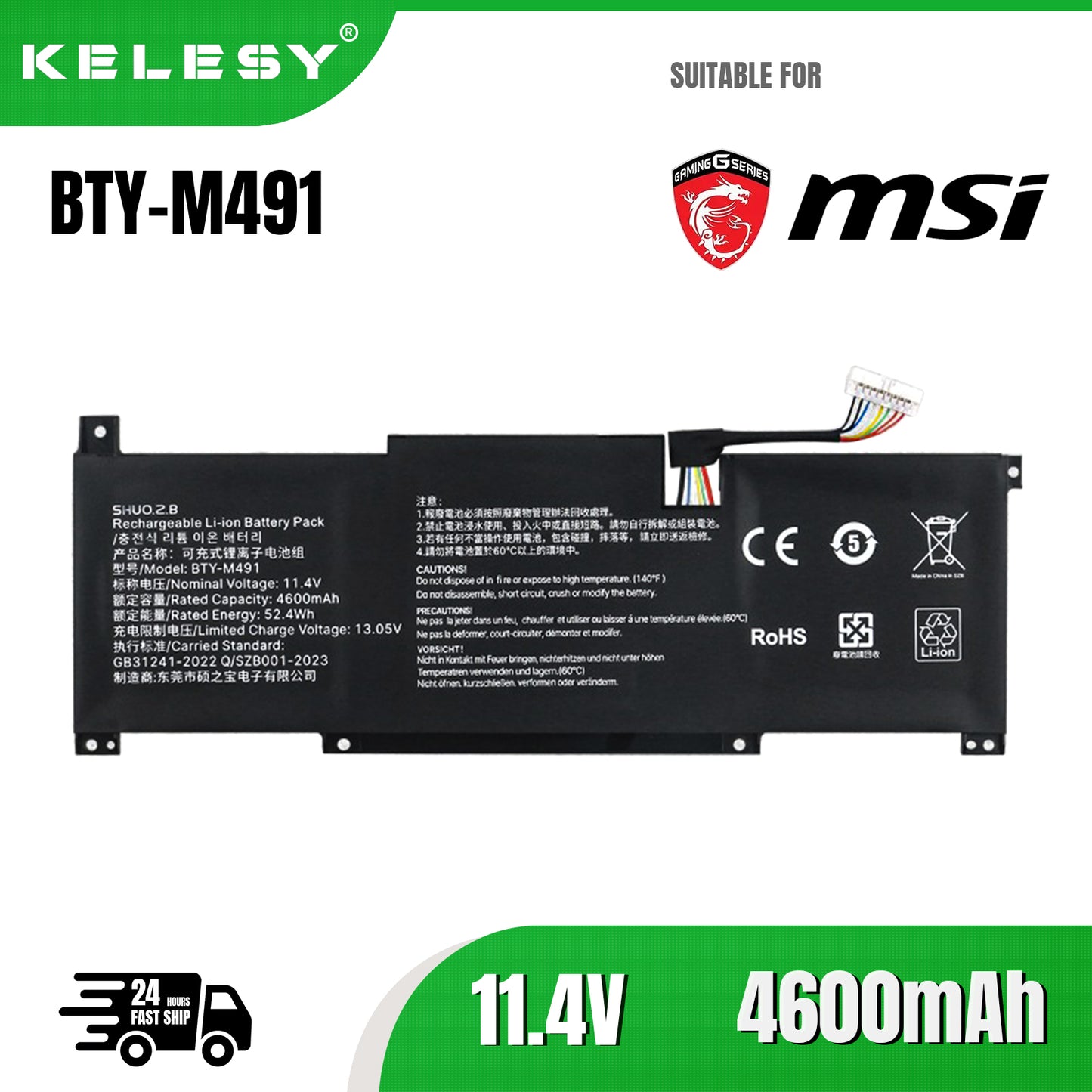 KELESY BTY-M491 Laptop Battery For MSI Modern 15 A10M-014,A10RAS-258 A10RB-041TW A10RD A11M A11SB-059 A4MW Prestige14 52.4WH