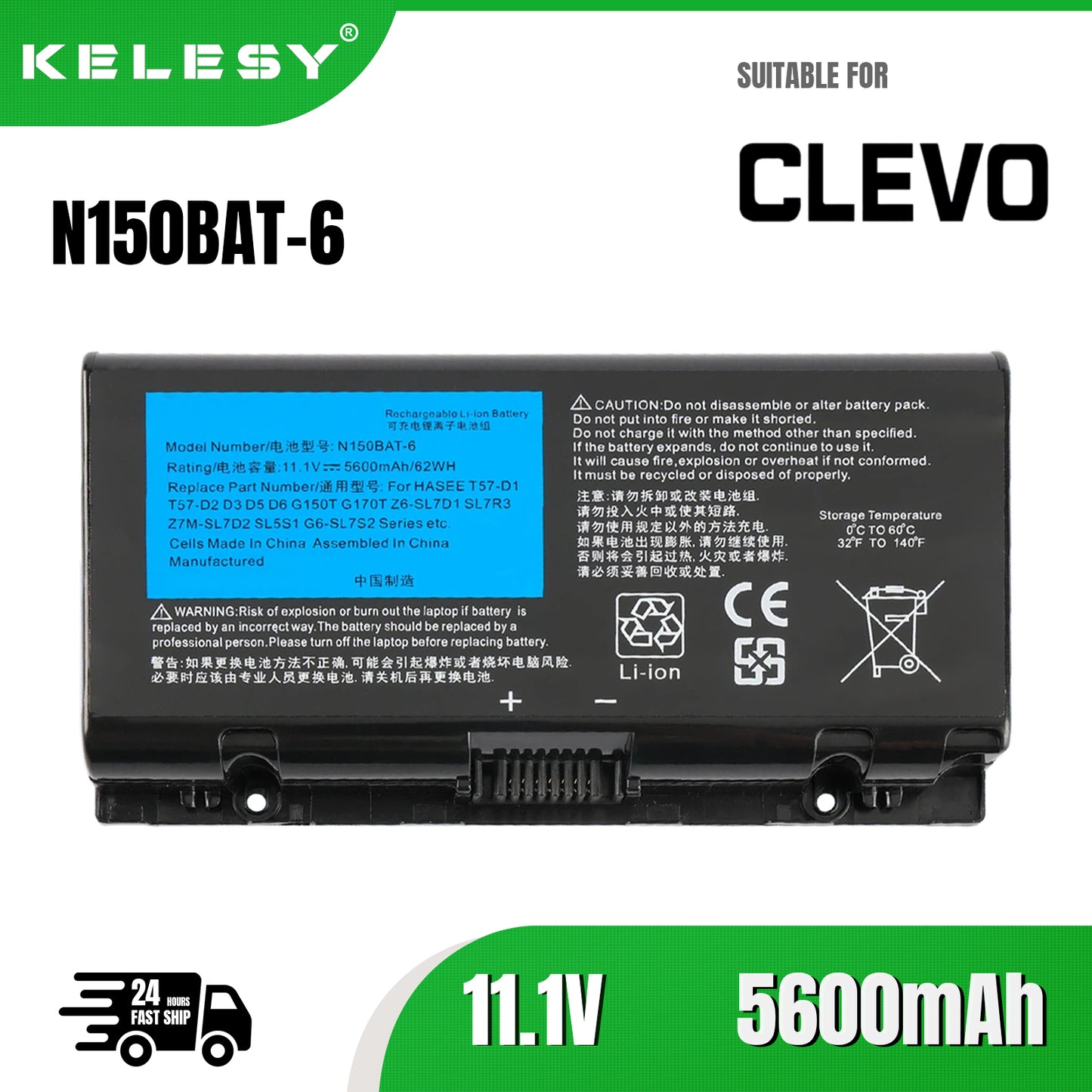 KELESY Batería de ordenador portátil N150BAT-6, pila para Clevo N150BAT-6, N170SD, N150SD, N151SD, N155S, 6-87-N150S-4292
