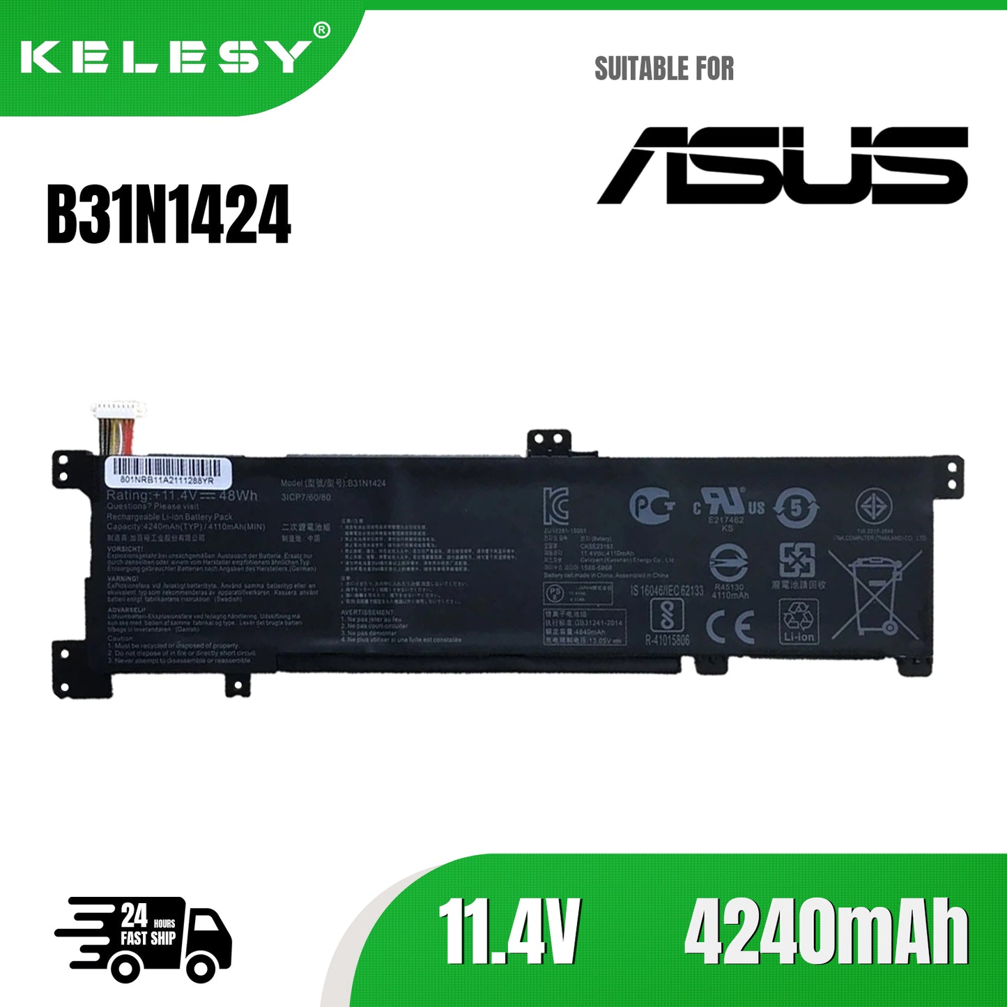 KELESY 11.4V 48Wh B31N1424 Laptop Battery For ASUS A400U A401L K401L K401U B5010 500 200 K401LB5010 K401LB5500 K401LB5200
