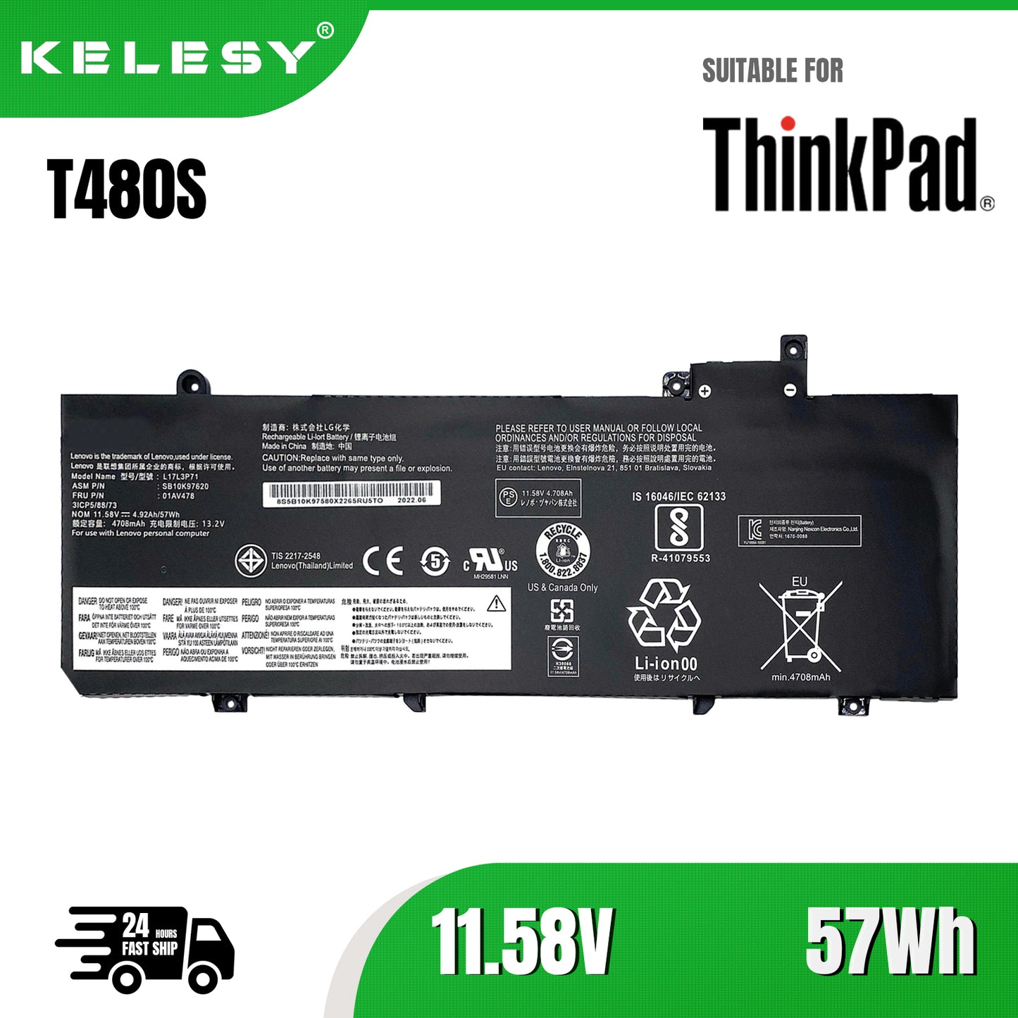 KELESY batería original para Lenovo ThinkPad T480S, 01AV480, SB10K97622, L17M3P71, L17L3P71, 01AV478, 01AV479, SB10K97621
