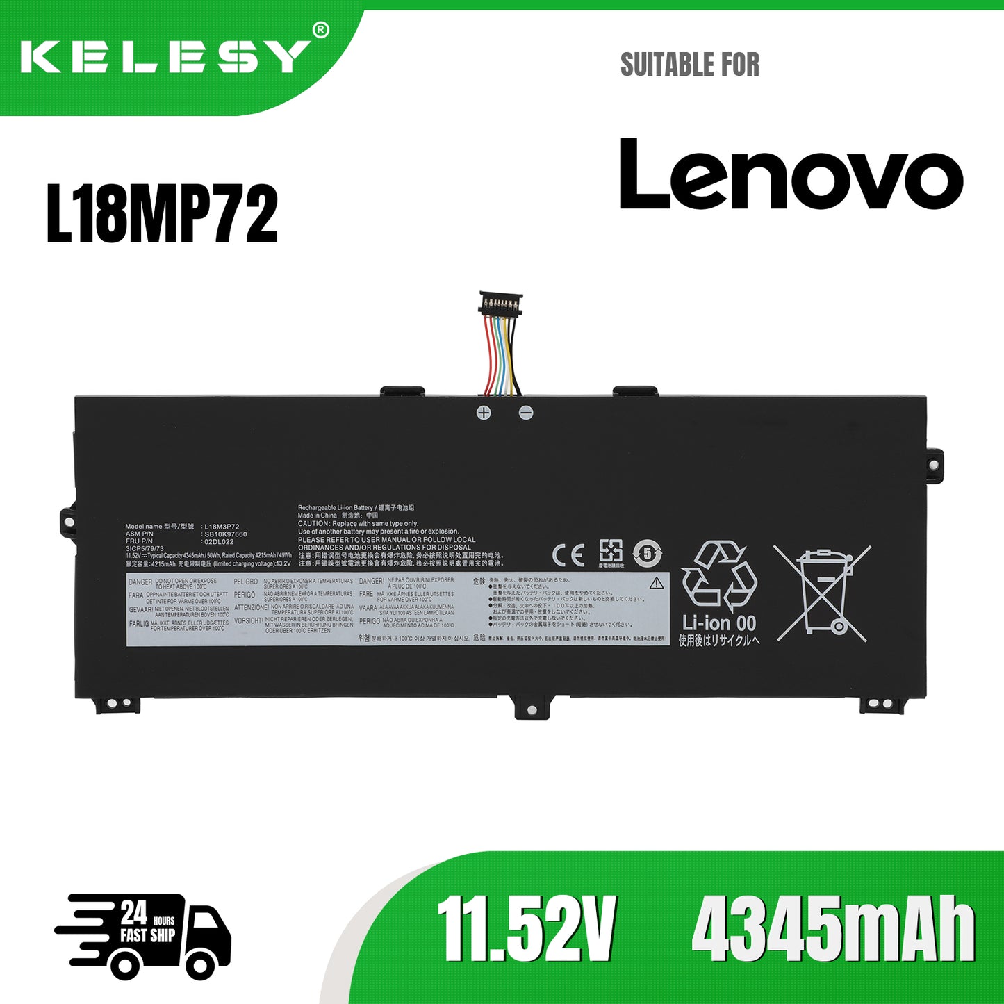 KELESY Original L18M3P72 Laptop Battery For Lenovo ThinkPad X390 Yoga X13 Series L18L3P72 02DL022 02DL021 02HM SB10K97659