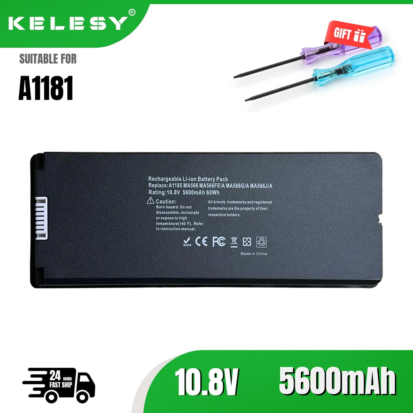 KELESY Batería de ordenador portátil A1185 negra para Apple MacBook de 13 "A1181 2006 2007 2008 MA566 MA561 MA566FE A MA566G A