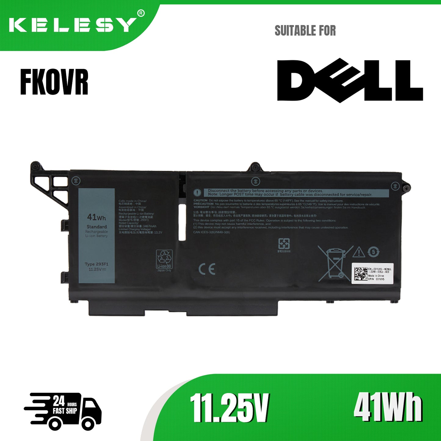 KELESY Laptop battery for Dell Latitude 5330 5430 5530 7330 7430 7530 precision 3570 FK0VR 58Wh 293F1 41Wh