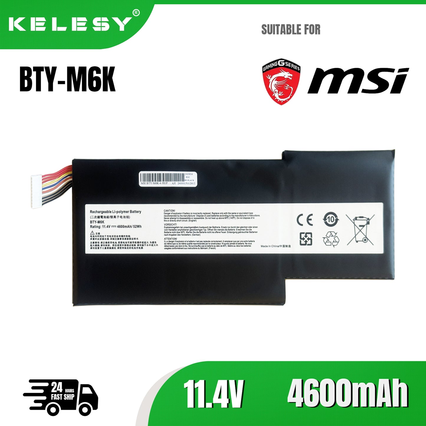 KELESY BTY-M6K For MSI GF63 GF65 GF75 Thin 8RC 8RD 9SC MS-17B4 MS-16K3 Bravo 15 17 Series Laptop Battery 11.4V 52.4Wh 4600mAh