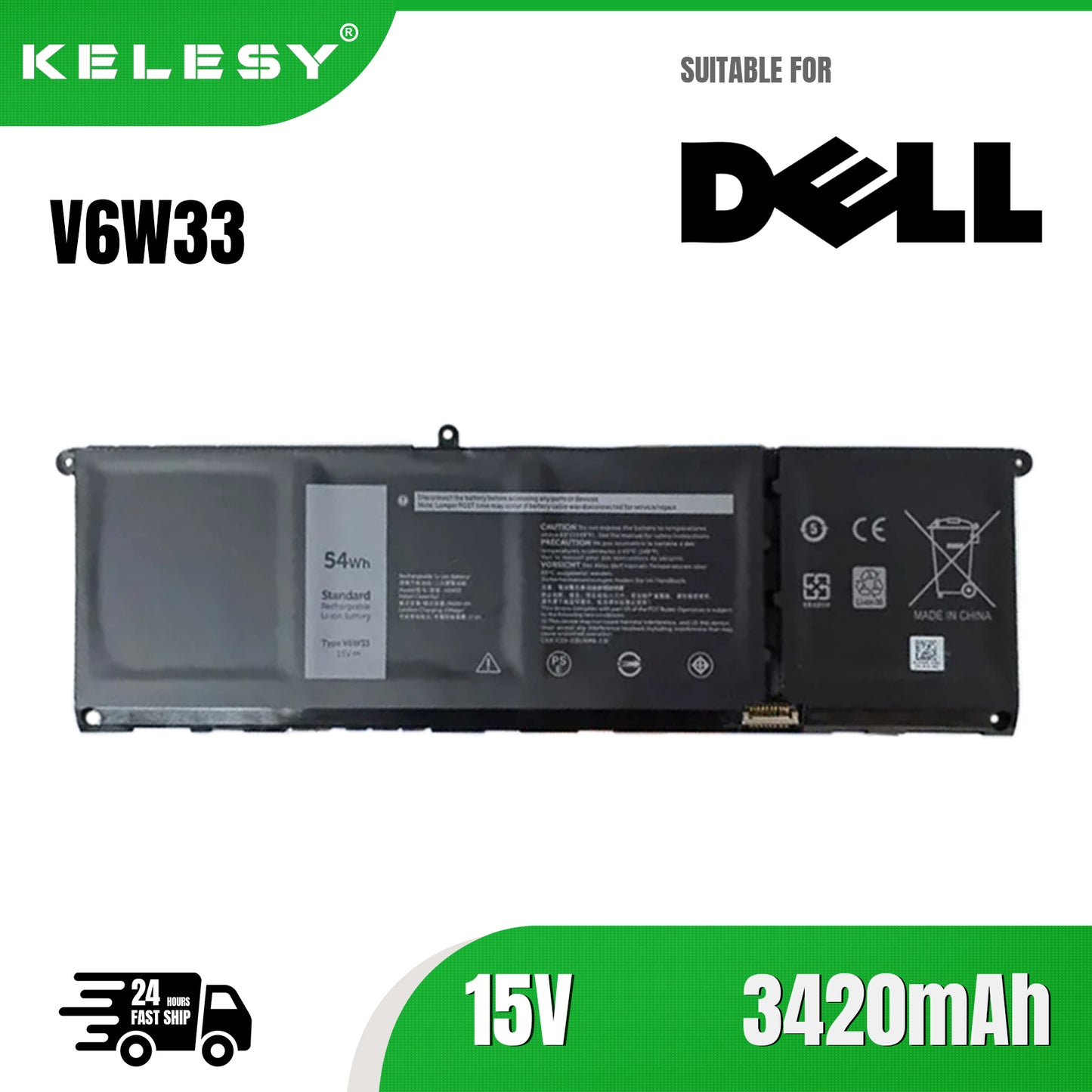 KELESY 15V 3420mAh 54Wh Battery V6W33 WV3K8 For Dell Inspiron 15 5510 5515 5418 5410 Latitude 3320 Vostro 3510 3515 3511 5310