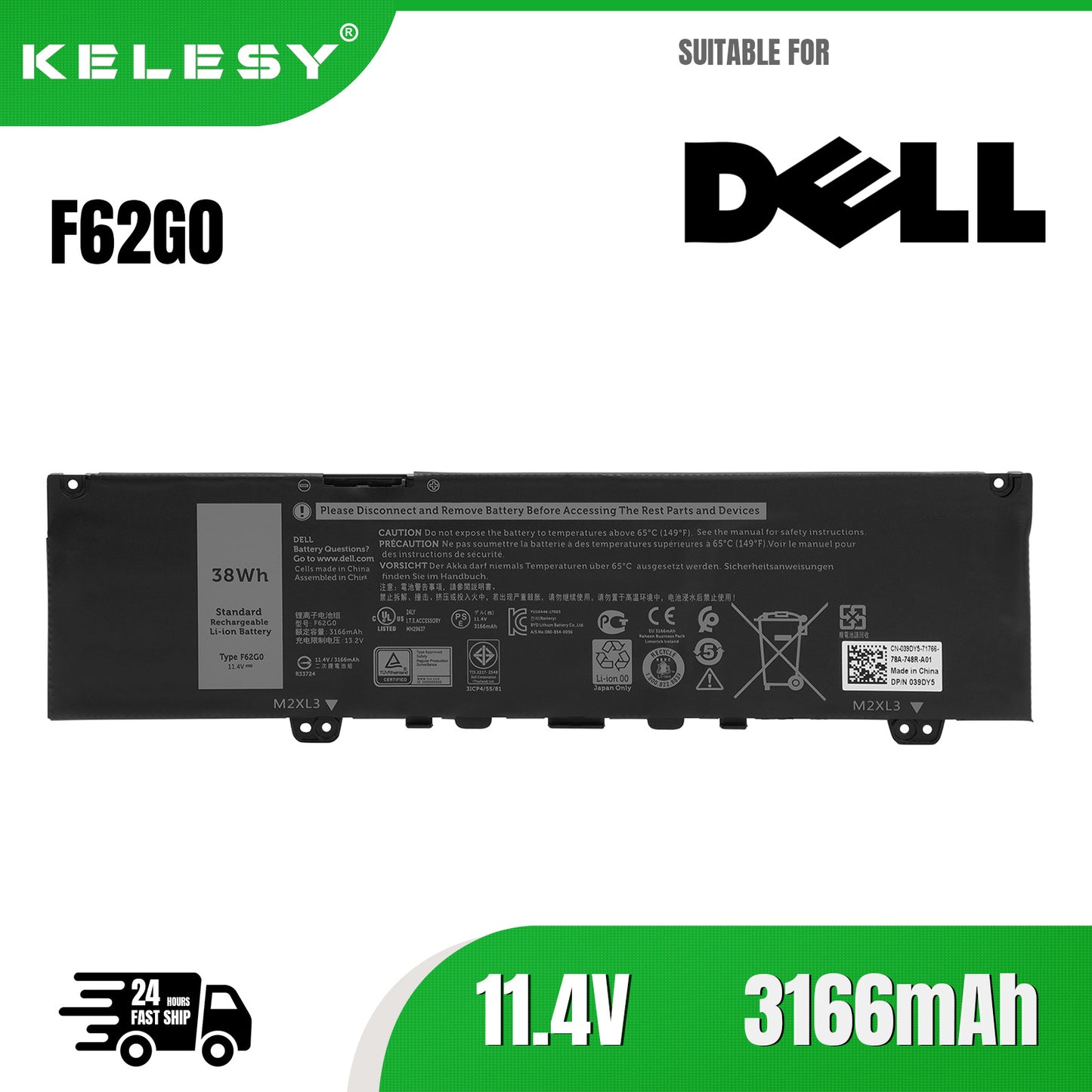 KELESY 100% New F62G0 High Quality Laptop Battery For Dell Inspiron 13 5370 7370 7373 Vostro 5370 RPJC3 Fast Delivery In Stock