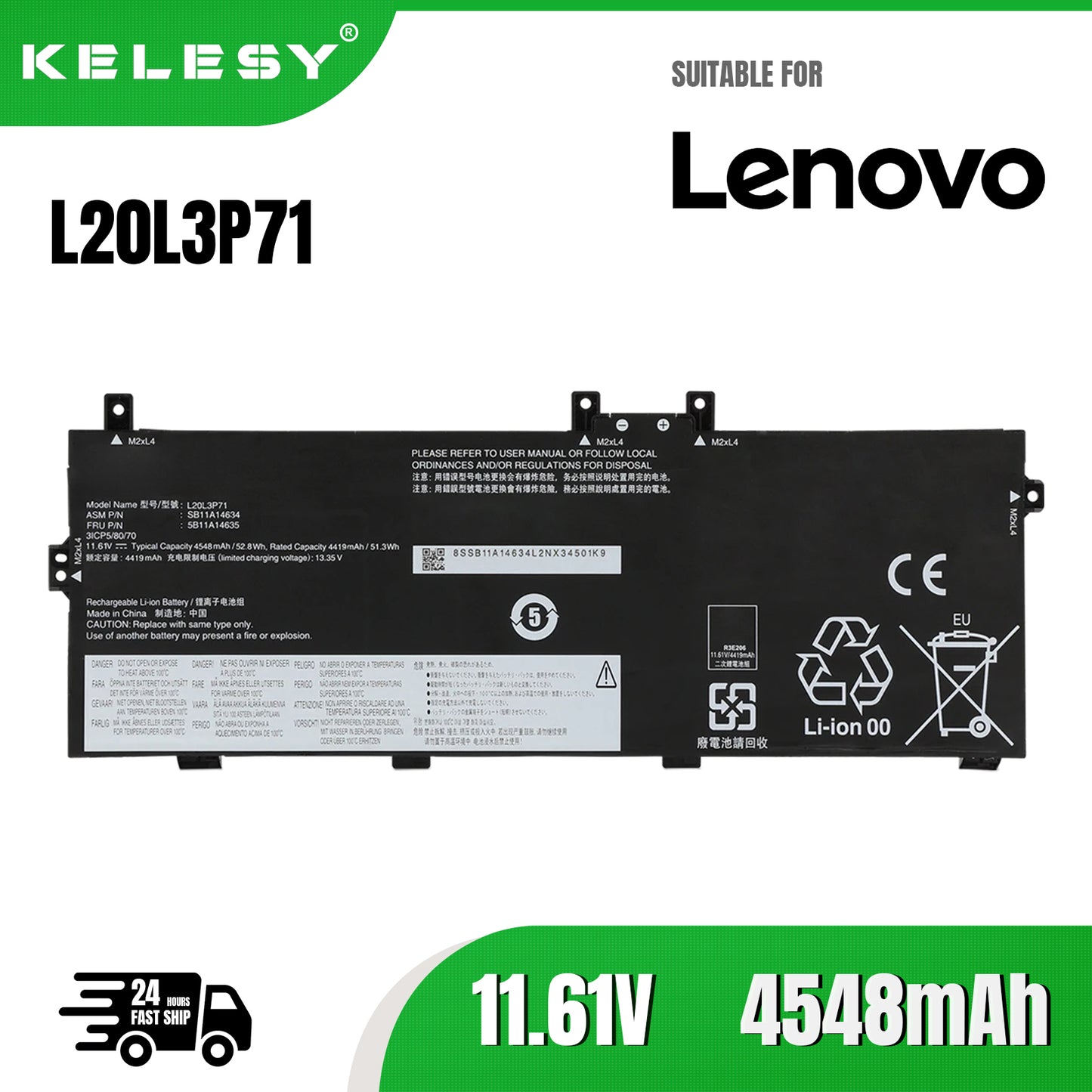 KELESY L20L3P71 L20M3P71 Laptop Battery for Lenovo ThinkPad X13 Yoga Gen 2 2021 Gen 3 2022 Series L20C3P71 11.61V 4548mAh