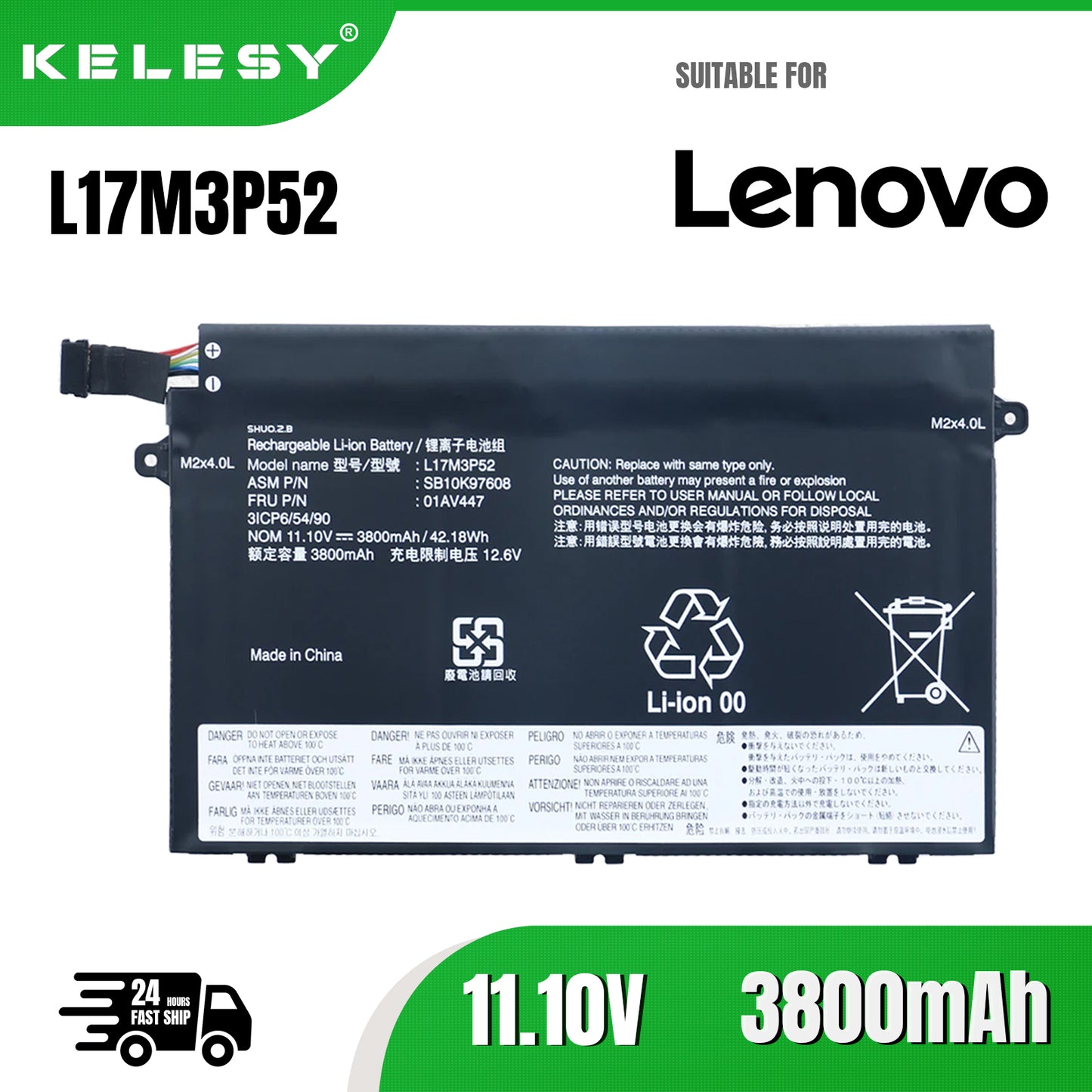 KELESY Batería de ordenador portátil L17M3P52 para Lenovo ThinkPad E480 E485 E580 E490 E590 E585 R480 R580 01AV448 01AV447