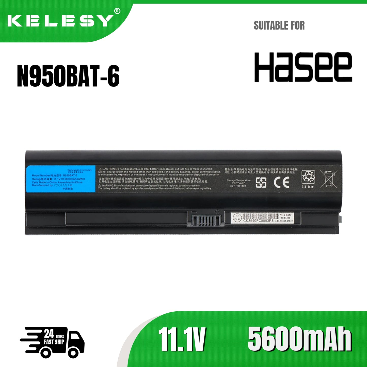 KELESY batería para ordenador portátil Hasee, N950BAT-6, ZX7-CP5G, ZX7-CT5DA, ZX8-CT5DA, ZX8-CR5S1, TX7-CT5A1, TX8-CT5DH