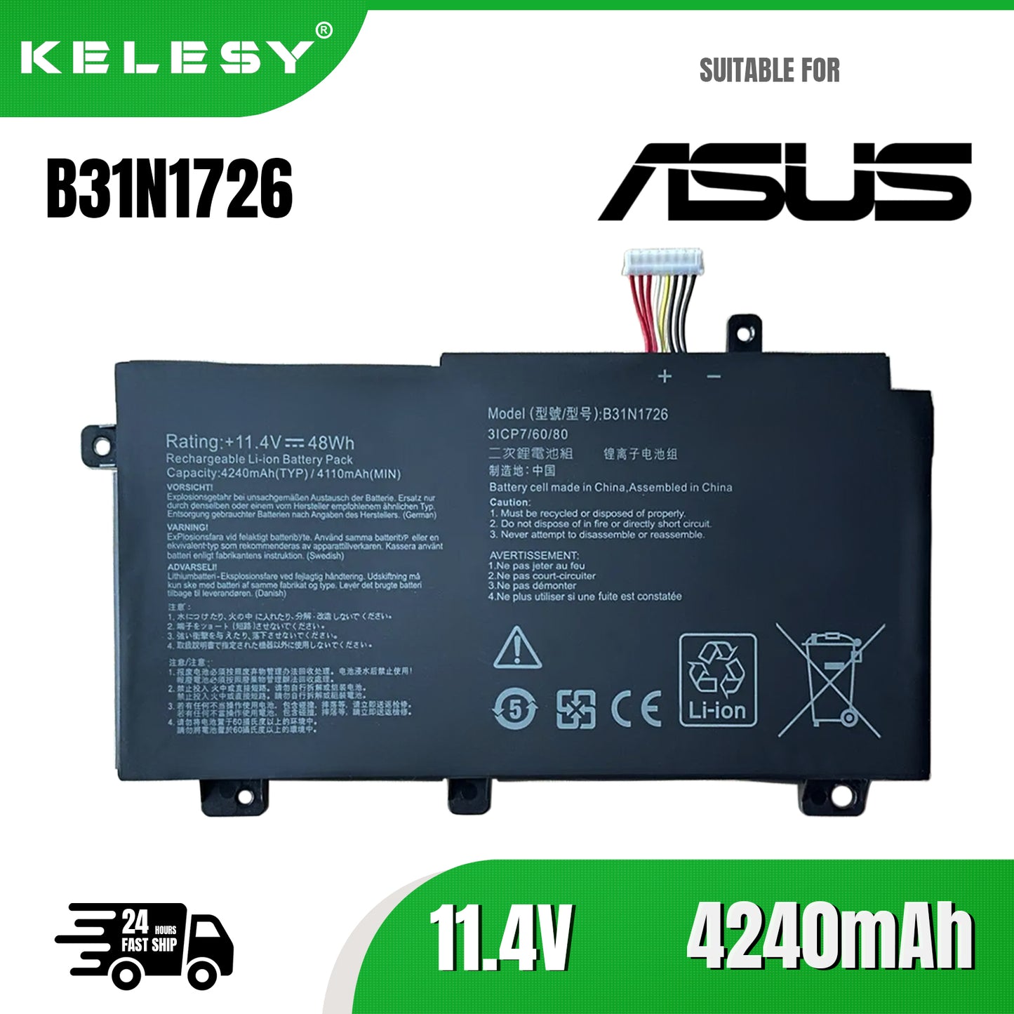 KELESY Batería del ordenador portátil B31N1726 batería del cuaderno para la serie Asus FX80 FX80GD FX86 FX86FM FX86FE FX504