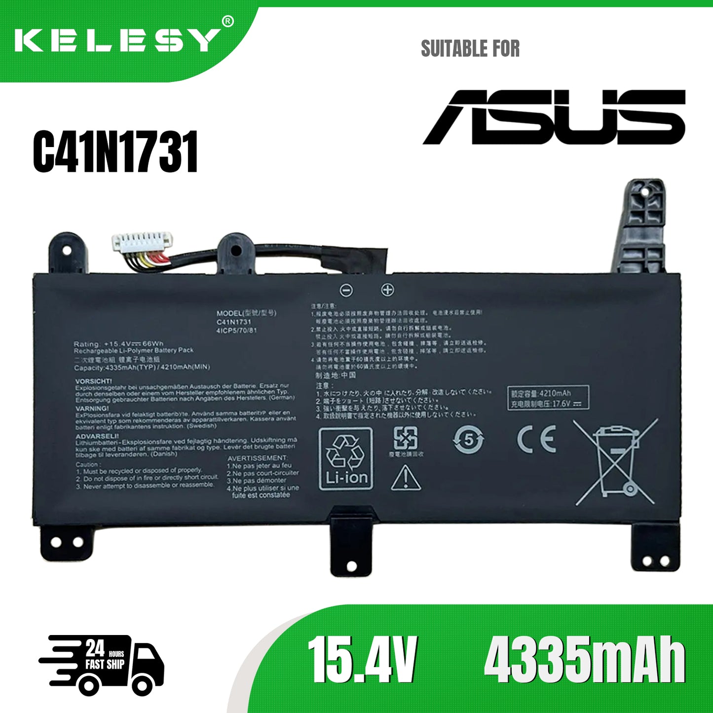 KELESY C41N1731 C41N1731-2 Laptop Battery For ASUS ROG Strix Gl704 GL504GM GL504GW GL504GS G515GV GL704GM 15.4V 66Wh