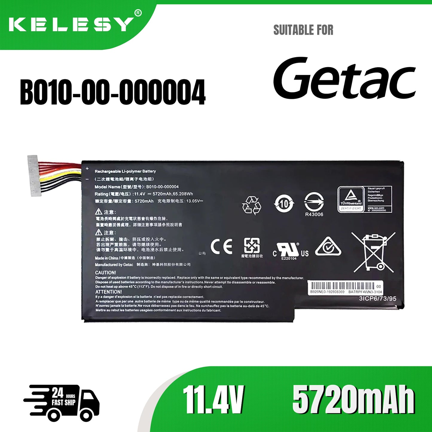 KELESY Batería Original de B010-00-000004 para portátil, 11,4 V, 65.208Wh, para Getac Evga SC15, 5720mAh, nueva