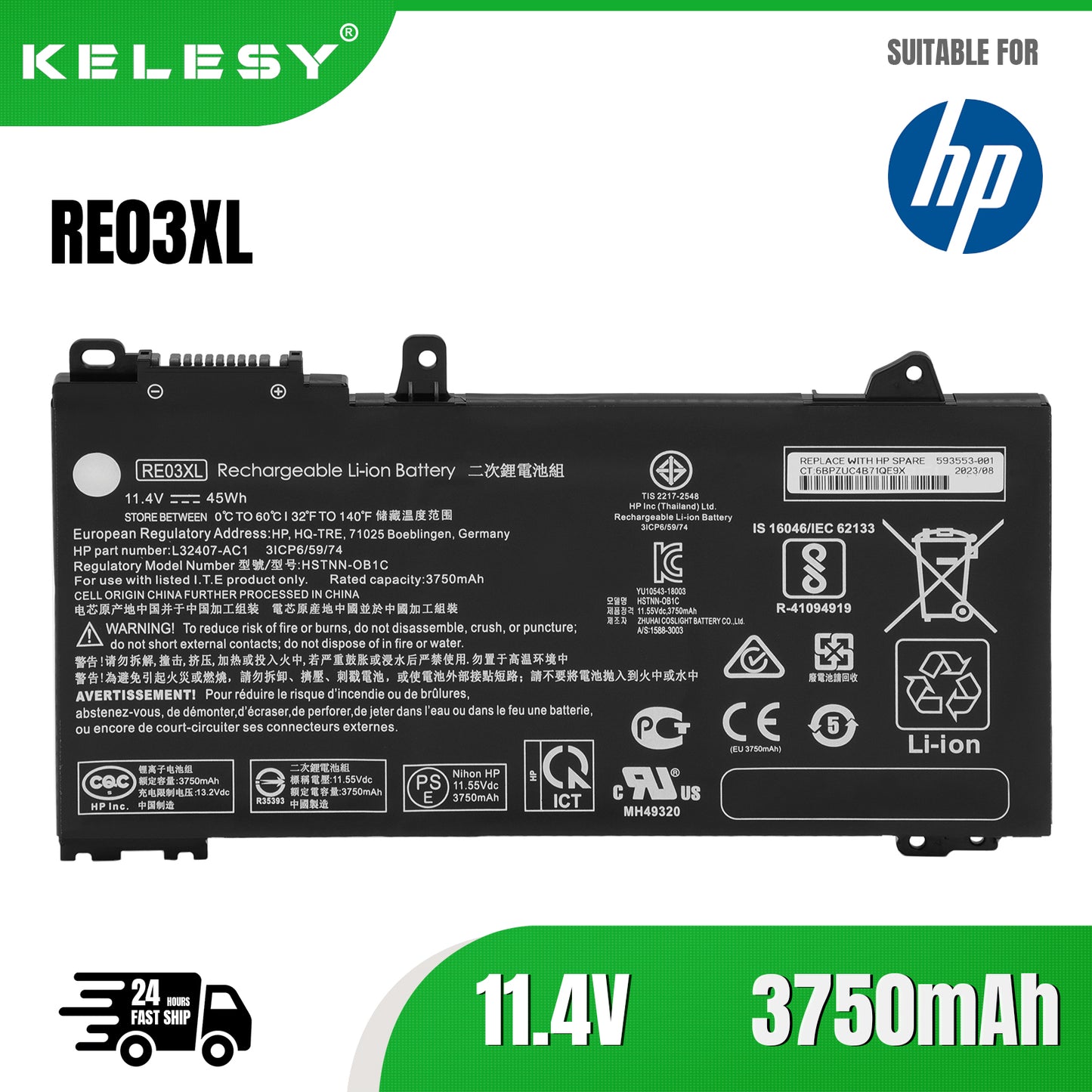KELESY RE03XL Laptop Battery for HP ProBook 430 440 445 450 G7 G6 455R ZHAN 66 Pro 13 G2 14 G2 G3 15 G2 L32656-005 L32407-2C1 5