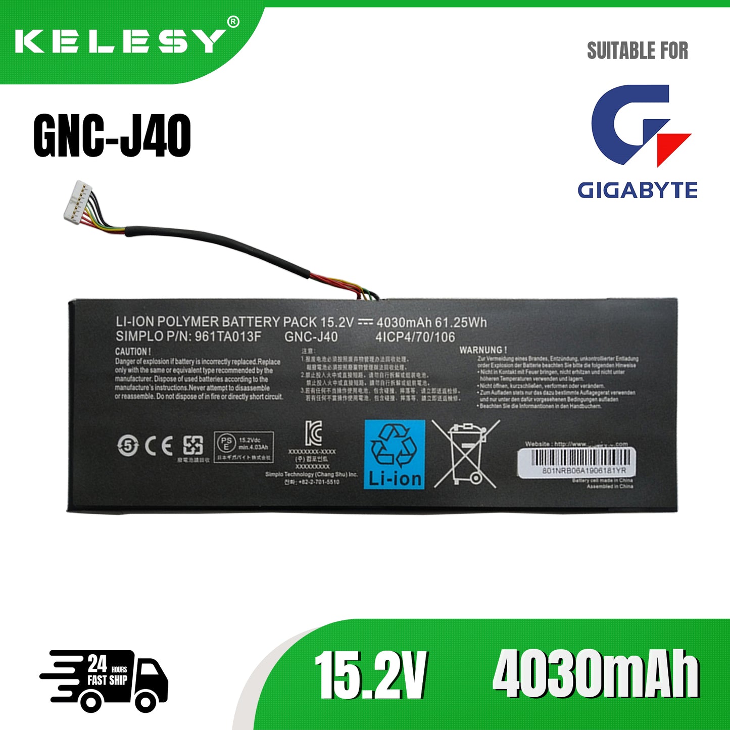 KELESY GNC-J40 15.2V/61.25Wh Laptop Battery For Gigabyte P34W P34K P34F P34G V2 V3 V4 V5 V7 Series P34W V5 Xotic PC Edition 4030mAh