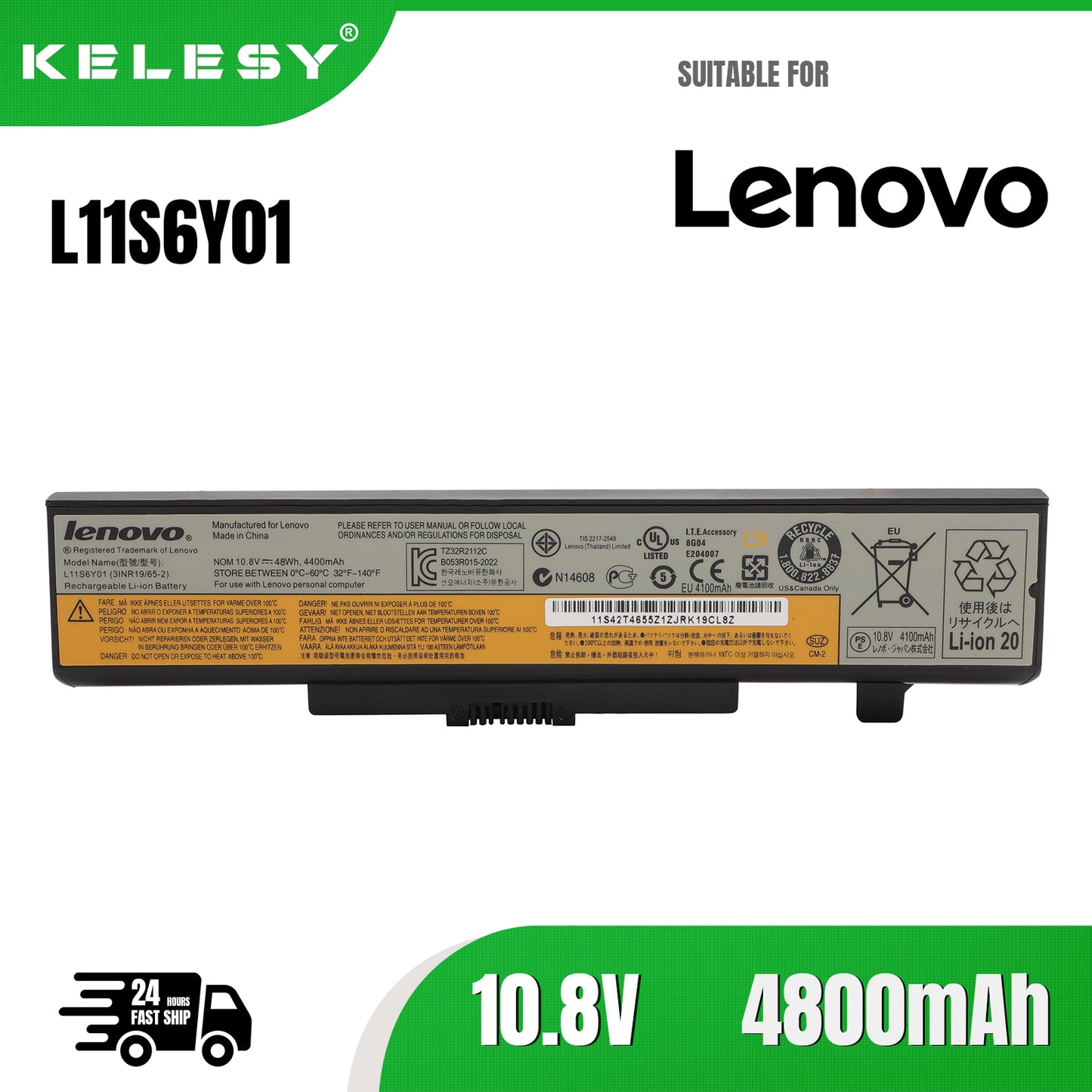 KELESY 6 Cells Laptop Battery for Lenovo IdeaPad Y480 Y580 G480 G580 G580AM Z380AM Z480 Z580 Z585 V480 V580 L11S6Y01 L11L6Y01