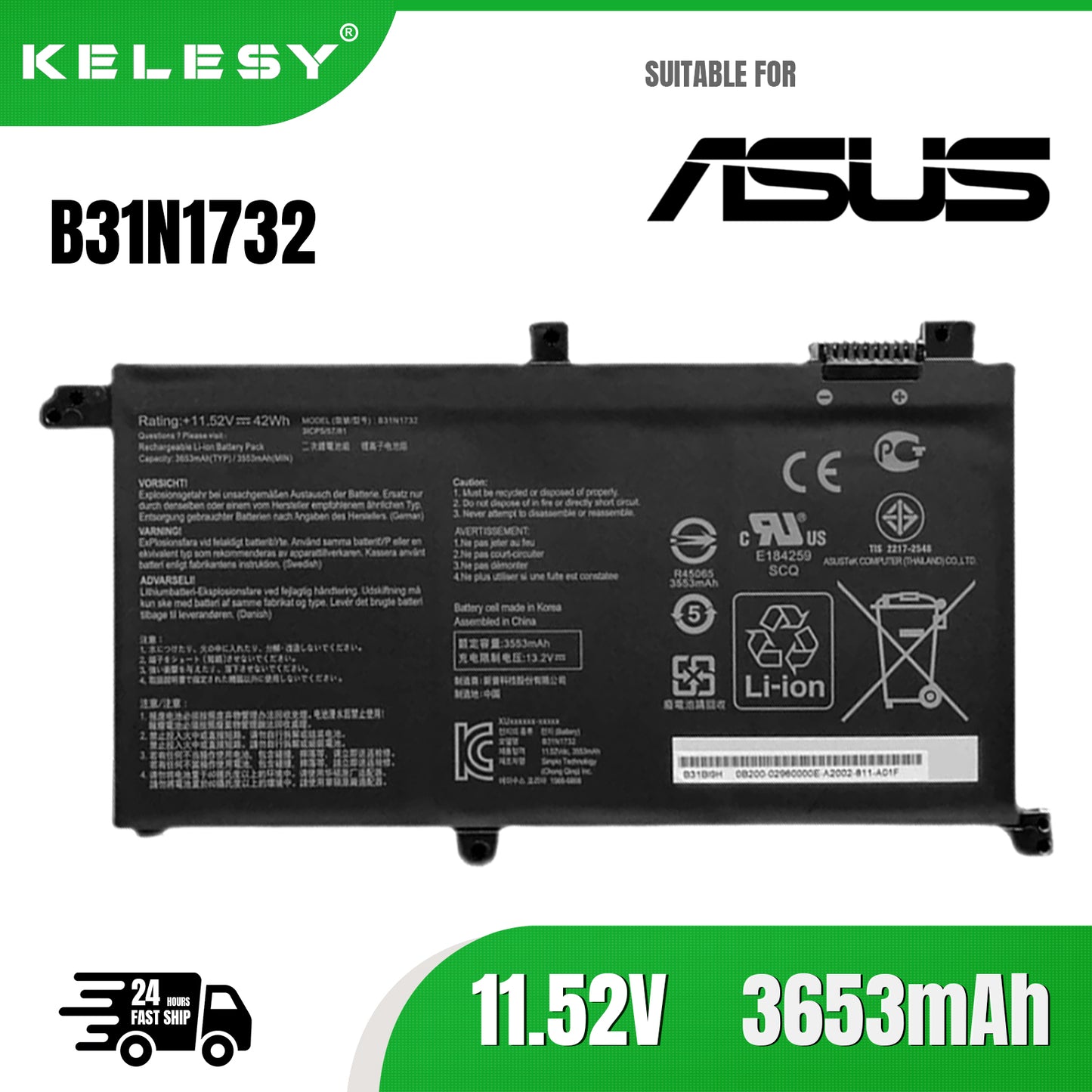 KELESY B31N1732 Laptop Battery for ASUS VivoBook X430UA X430UF X430UN X430FA X430FN X571G X571LH X571GT 11.52V 42WH