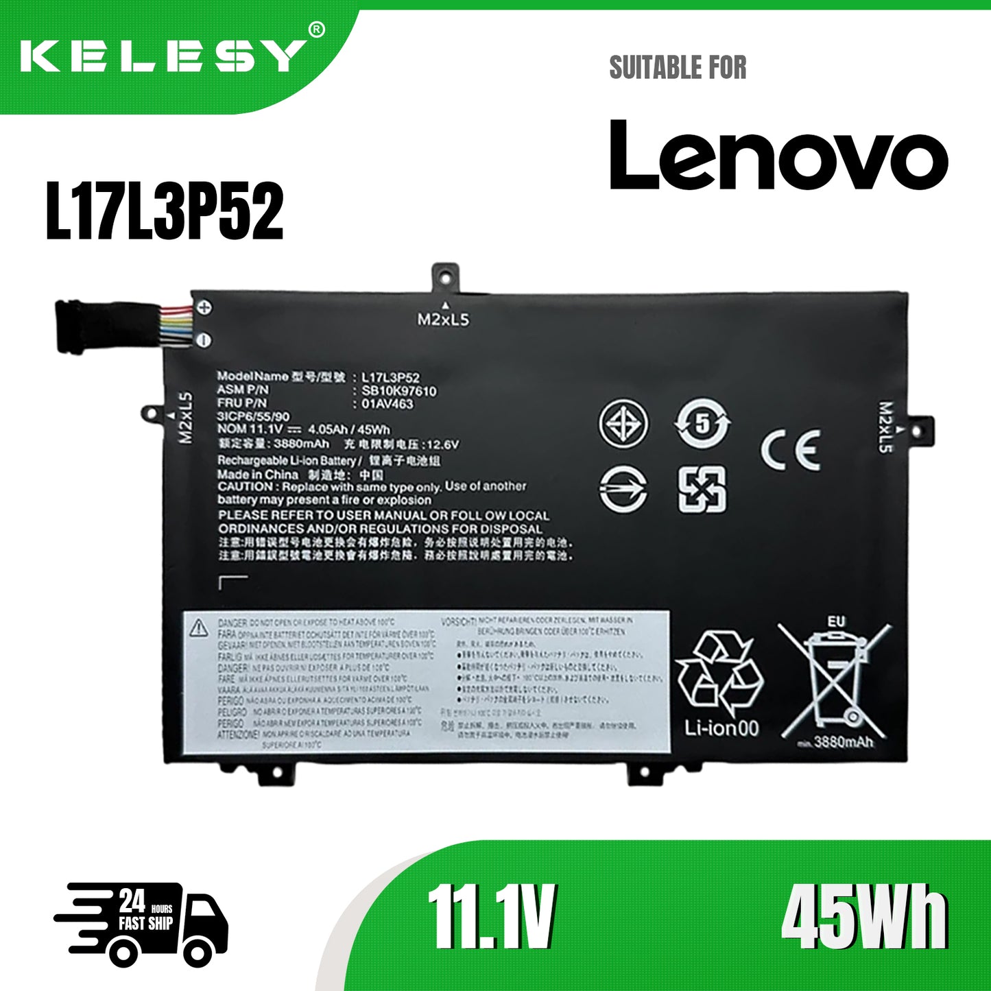 KELESY new L17L3P52 11.1V 45WH Battery For Lenovo ThinkPad L470 L480 E480 E580 L580 L590 Series L17C3P52 01AV466 01AV463