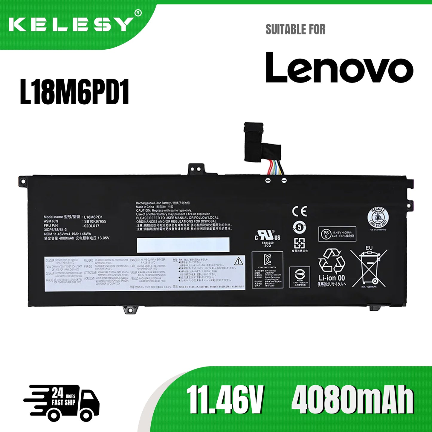 KELESY L18M6PD1 Laptop Battery for Lenovo ThinkPad X13 X390 X395 Series SB10K97655 02DL017 48WH 11.46v