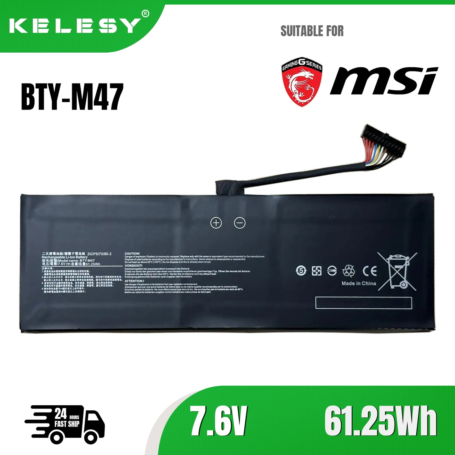 KELESY BTY-M47 Laptop Battery for MSI GS40 GS43 GS43VR 6RE GS40 6QE 2ICP5/73/95-2 MS-14A3 MS-14A1 7.6V 8060mAh