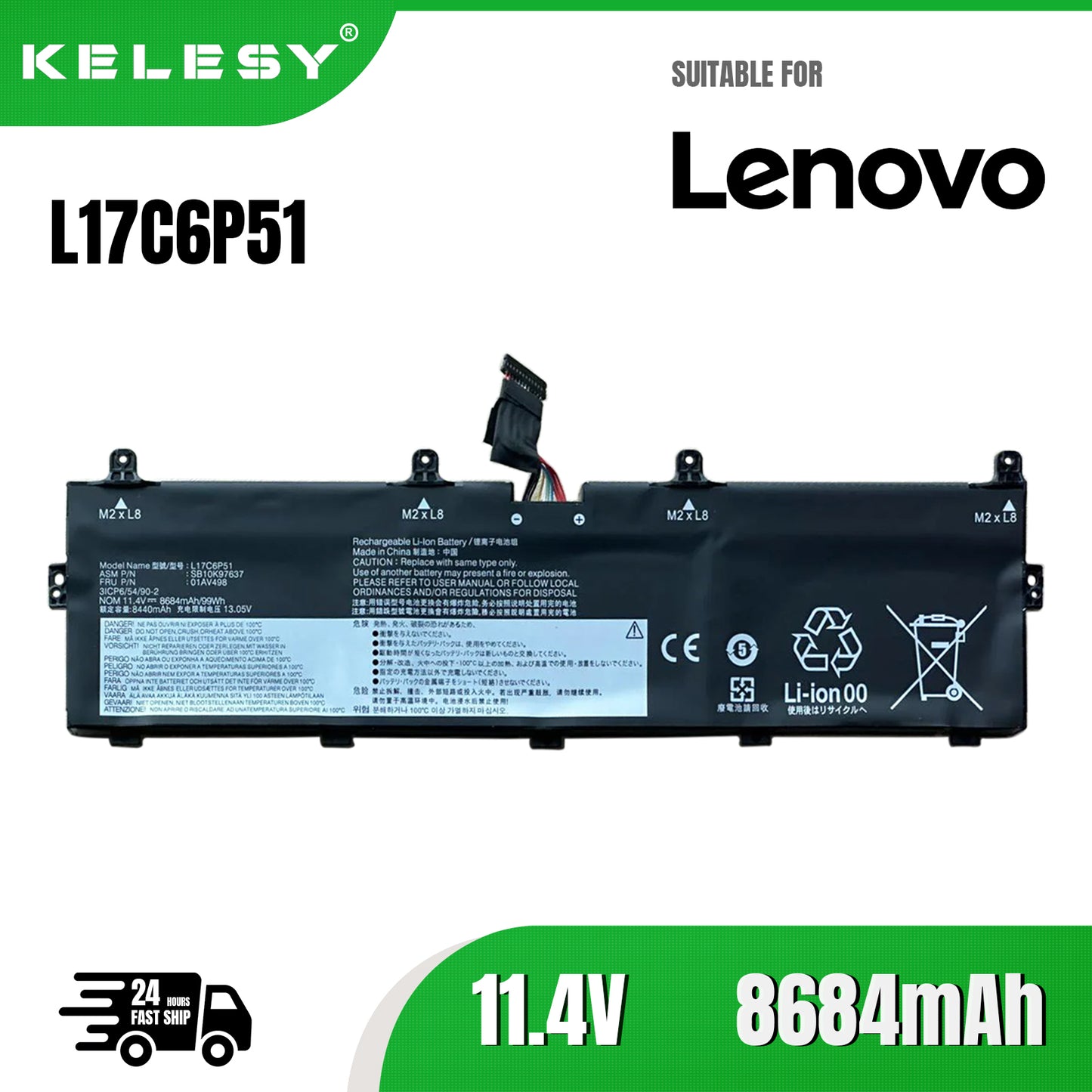 KELESY L17M6P52 L17C6P51 01AV497 01AV498 Battery for Lenovo ThinkPad P72 P73 8684mAh/99WH 11.4V