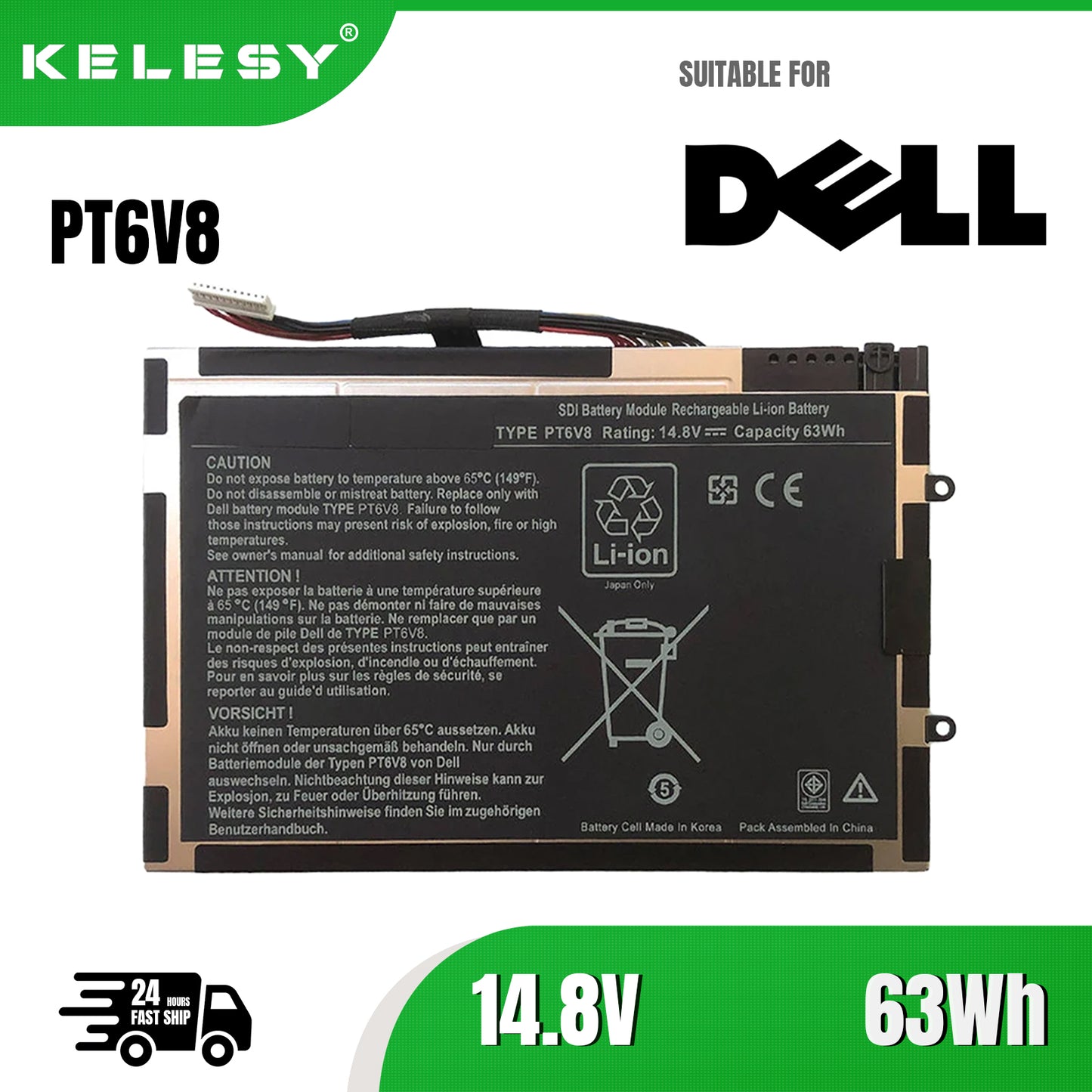 KELESY PT6V8 Laptop Battery for DELL Alienware M11x M14x R1 R2 R3 P18G T7YJR 8P6X6 08P6X6 14.8V 63WH