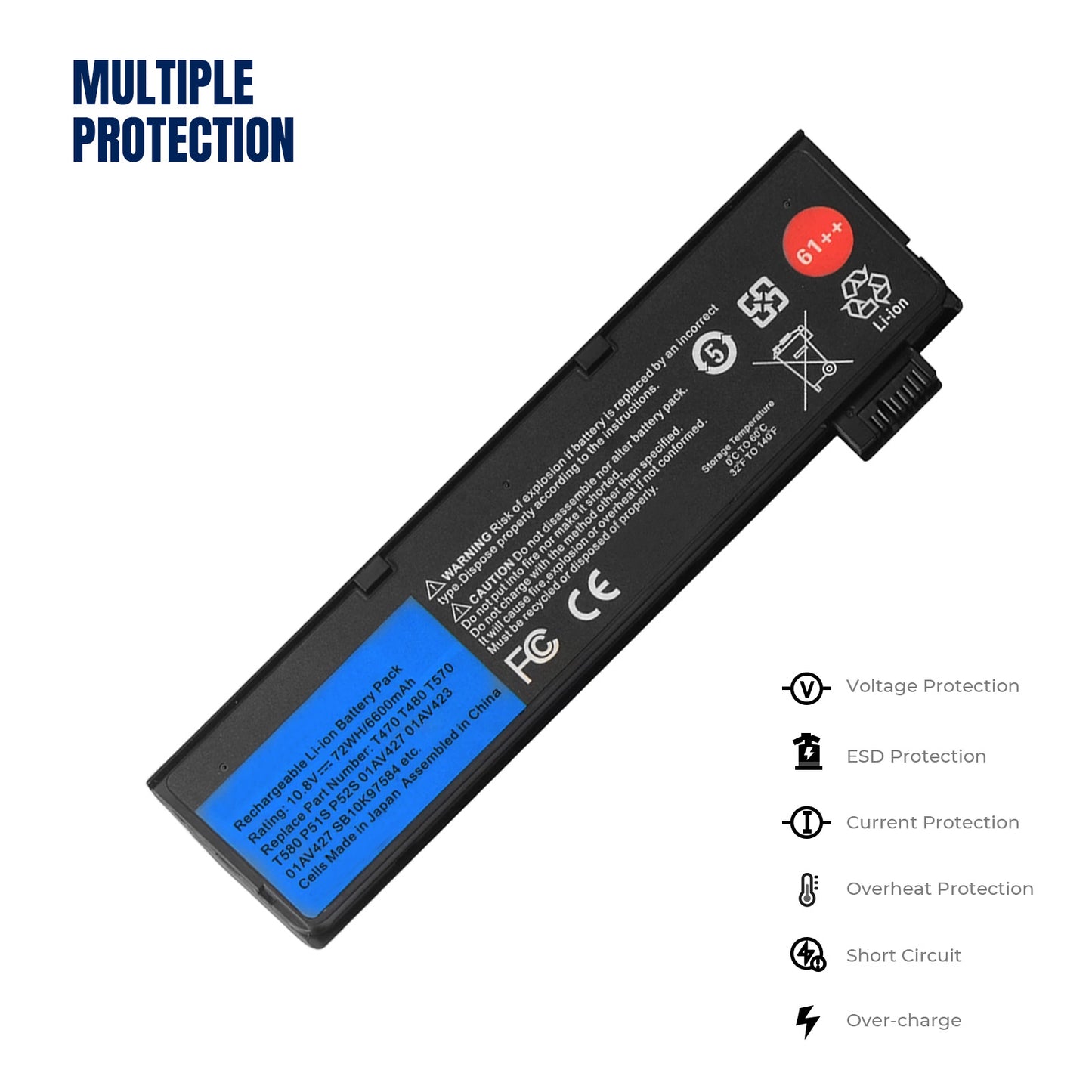 KELESY Batería de 10,8 V para ordenador portátil, Pila de 6600mAh para Lenovo ThinkPad T470, T480, T570, T580, P51S, P52S