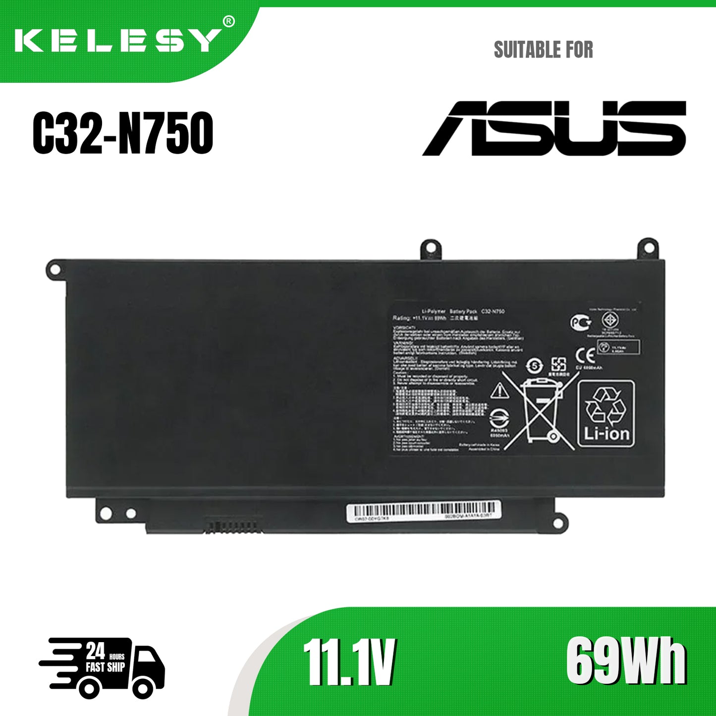 KELESY Batería C32-N750 para ordenador portátil, Pila de 11,1 V y 6260mAh para ASUS N750, N750J, N750JK, N750JV, N750Y47JK-SL