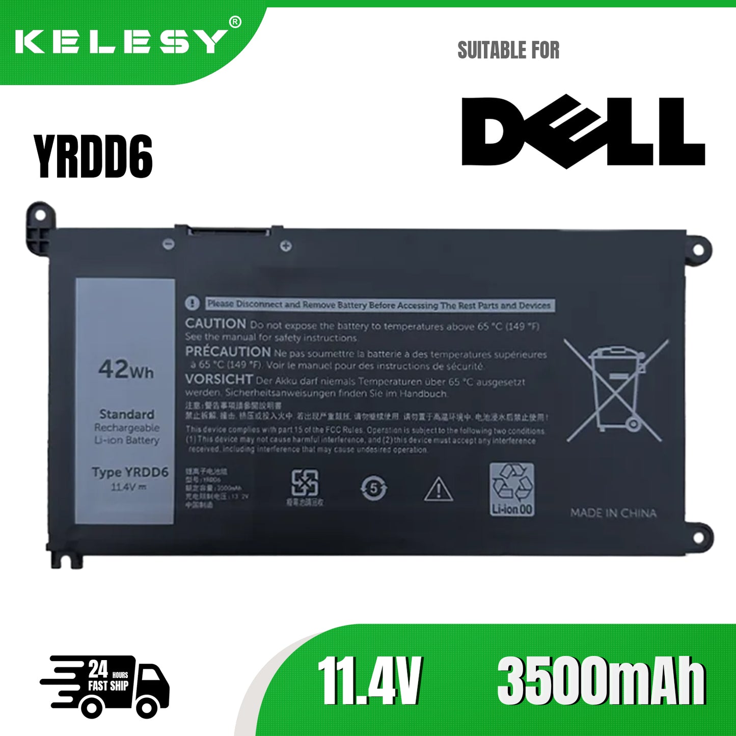 KELESY YRDD6 11.4V 42Wh Laptop Battery For Dell Vostro 3491 3591 3490 3590 3501 Inspiron 5481 5482 5485 5491 5591 5485 5585